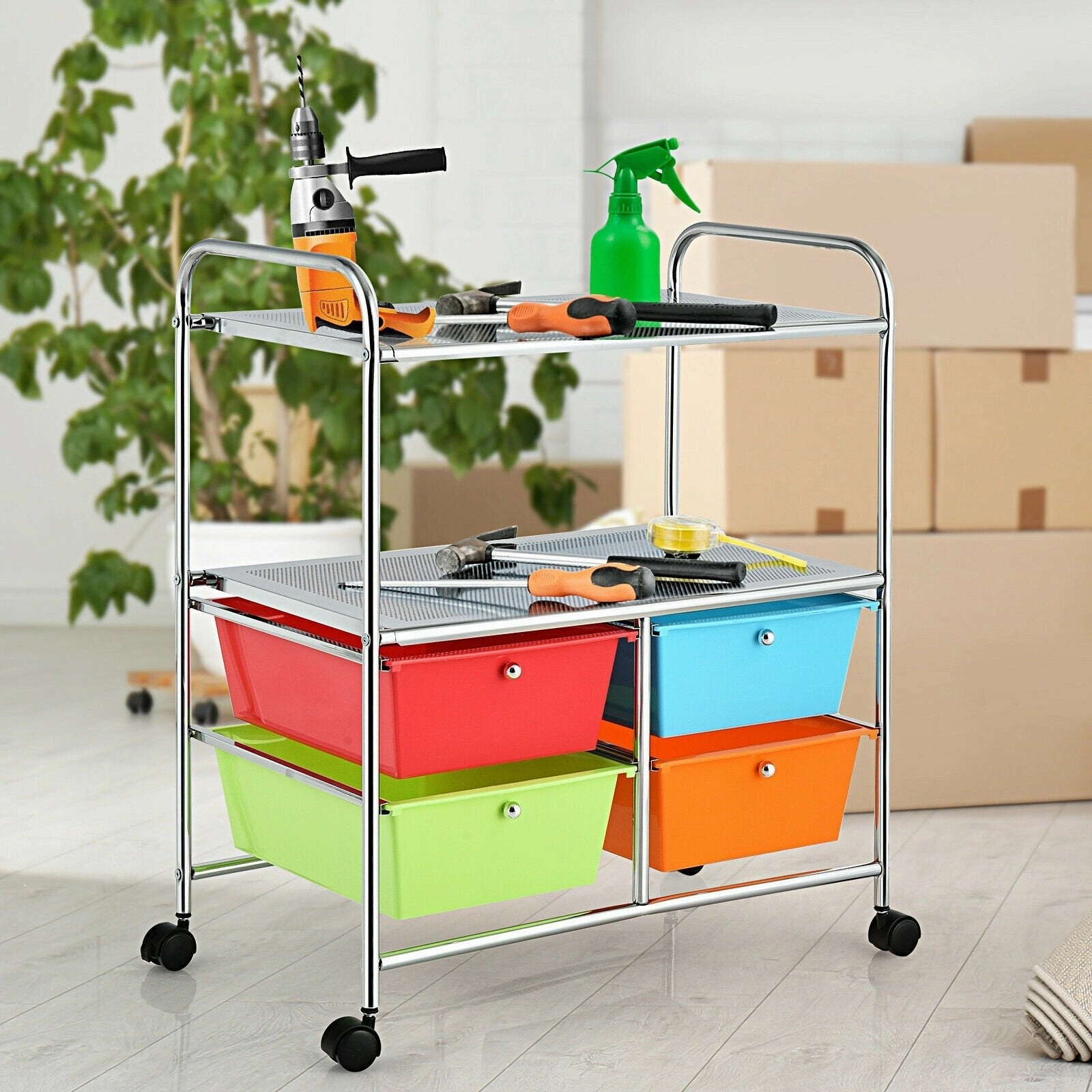 Rolling Storage Cart w/ 4 Drawers 2 Shelves Metal Rack Shelf