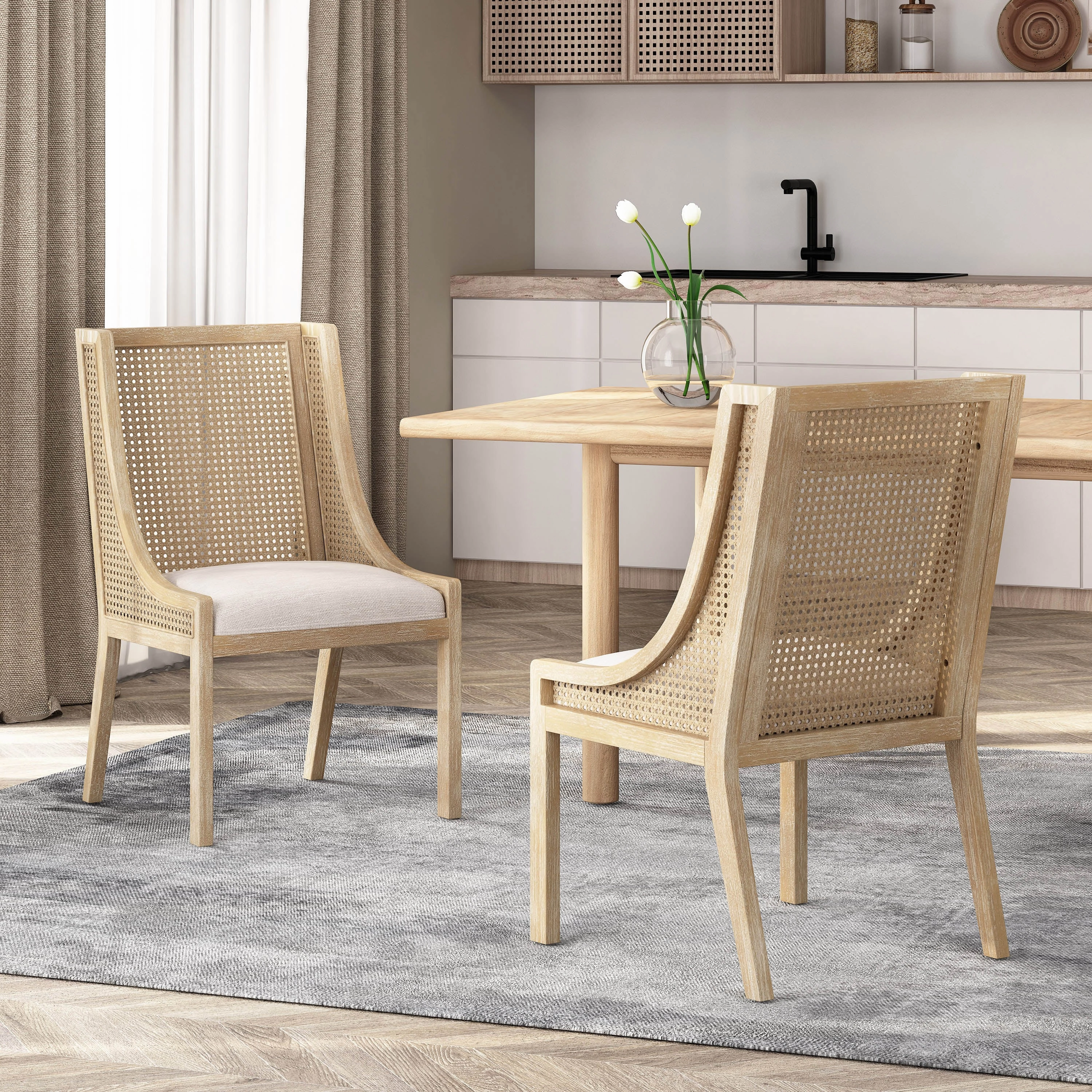 Rustic Cane and Wood Upholstered Dining Chairs, Set of 2