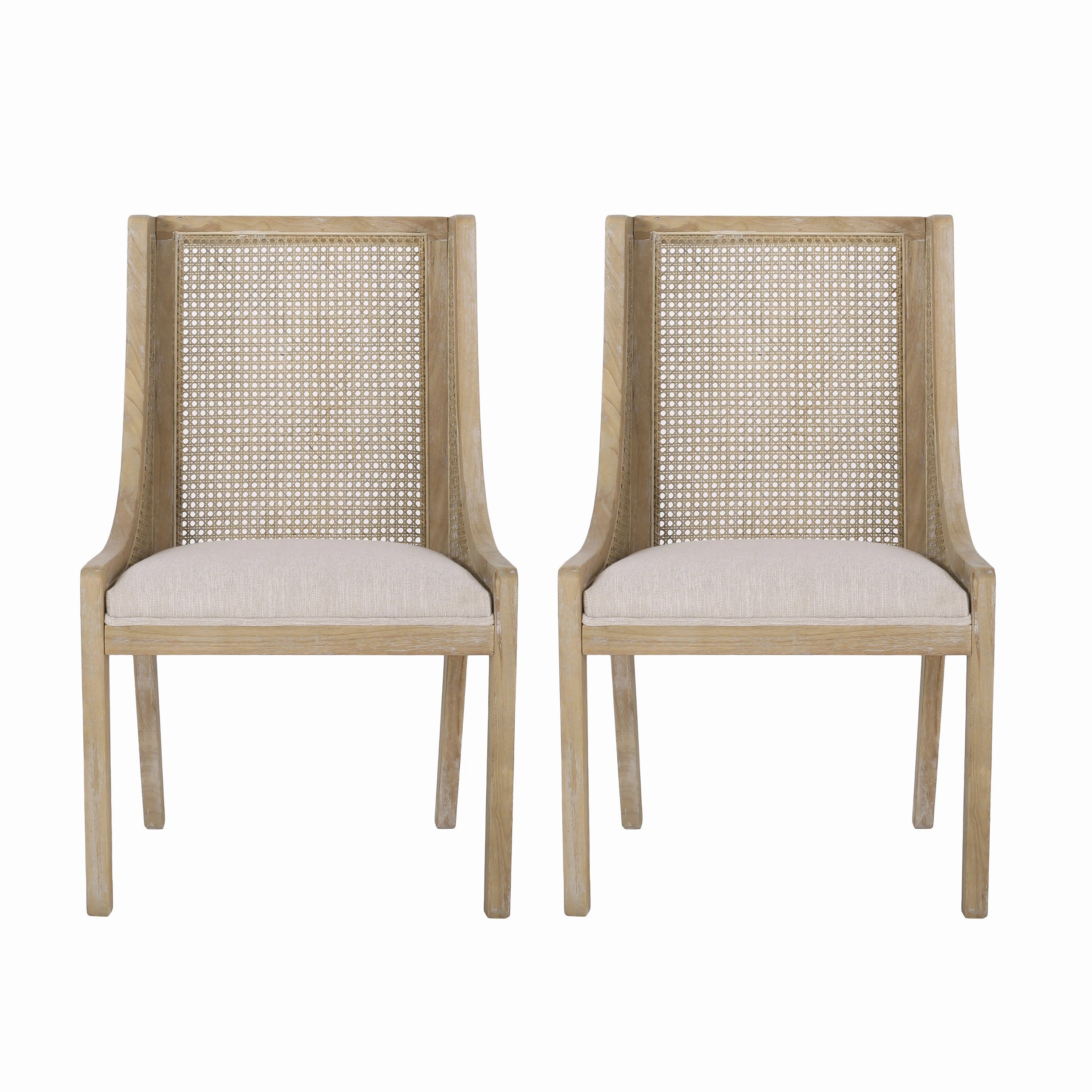 Rustic Cane and Wood Upholstered Dining Chairs, Set of 2