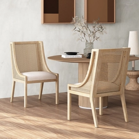 Rustic Cane and Wood Upholstered Dining Chairs, Set of 2 kitchen accessories, table linens