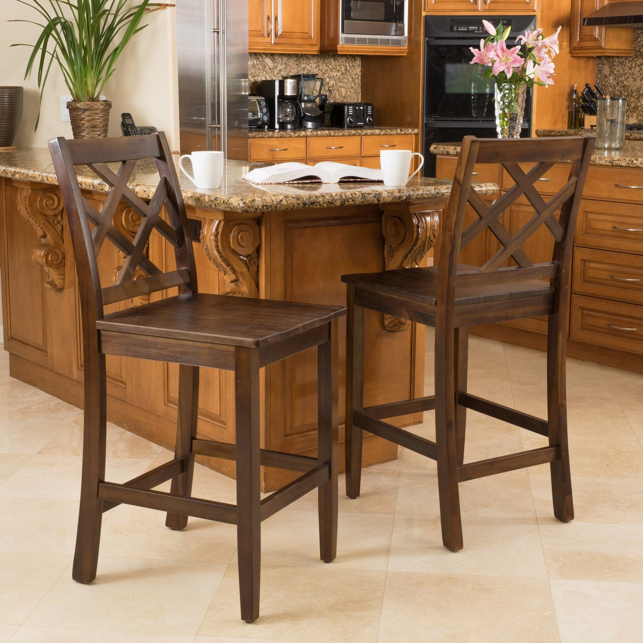 Rustic Crossback Brown Mahogany Acacia Wood Counter Stools (Set of 2) - NH658692 kitchen accessories, table linens