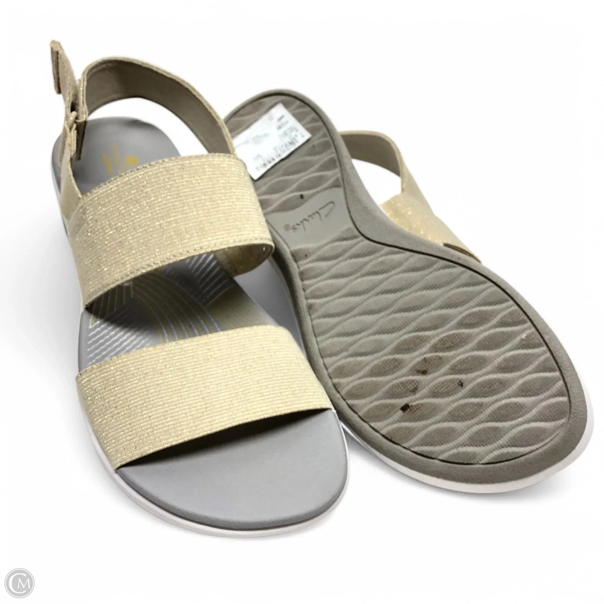 Sandals Flats By Clarks In Grey & Tan, Size: 6
