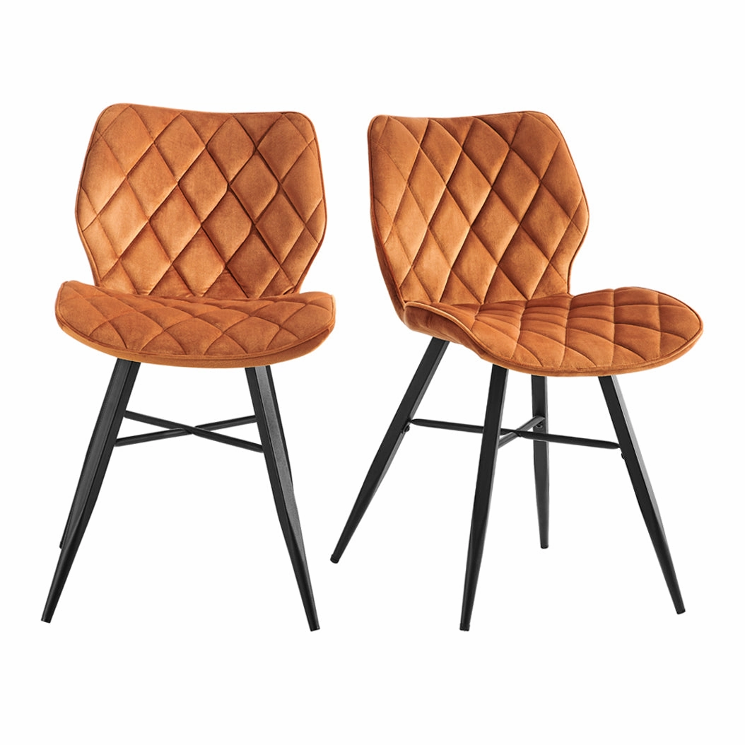 Set of 2 Ampney Diamond Stitch Orange Velvet Dining Chair Set of 2 with Metal Legs