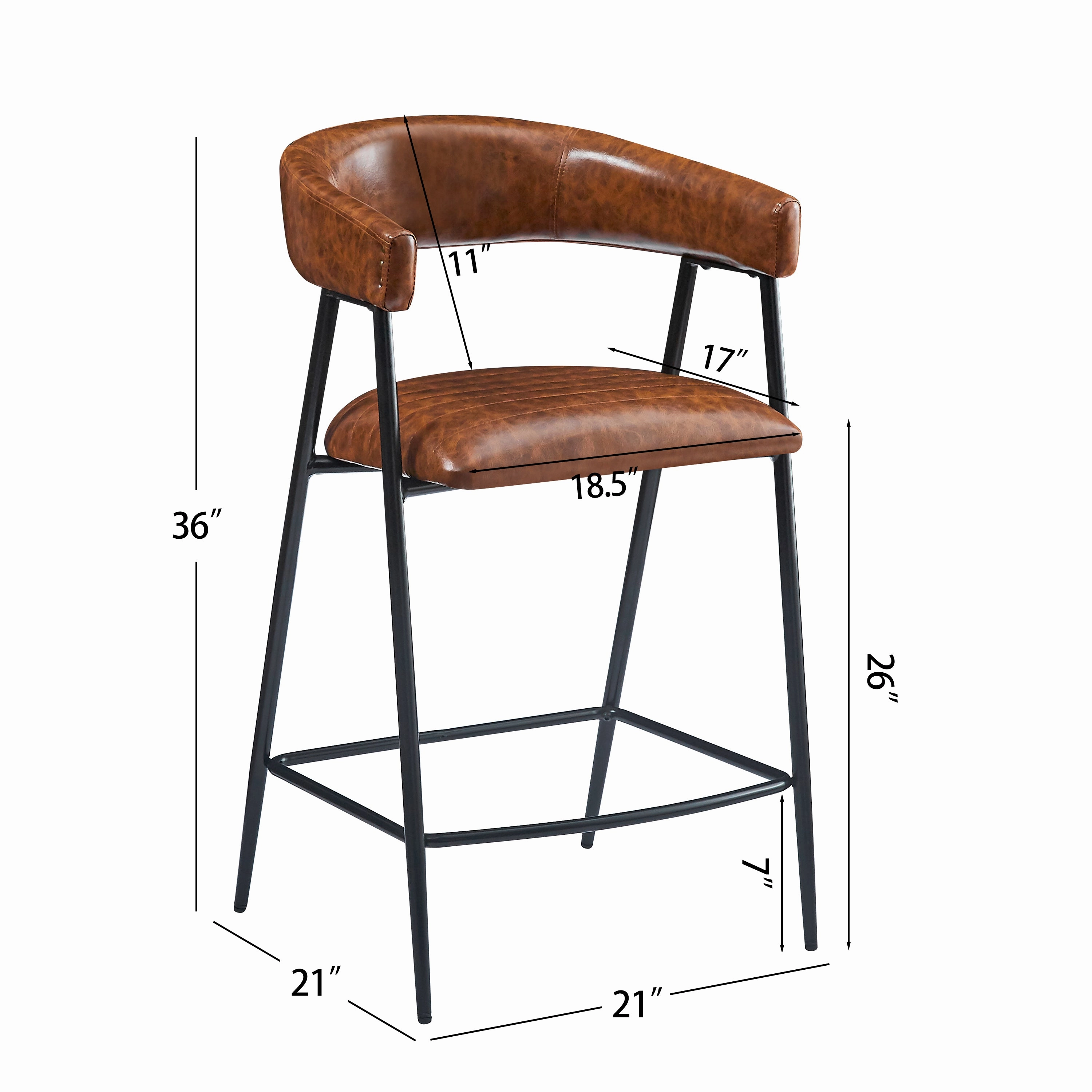 Set of 2 Modern PU Leather Counter Stools  Brown Upholstery