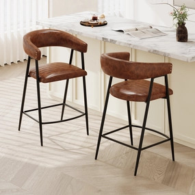 Set of 2 Modern PU Leather Counter Stools  Brown Upholstery kitchen accessories, table linens