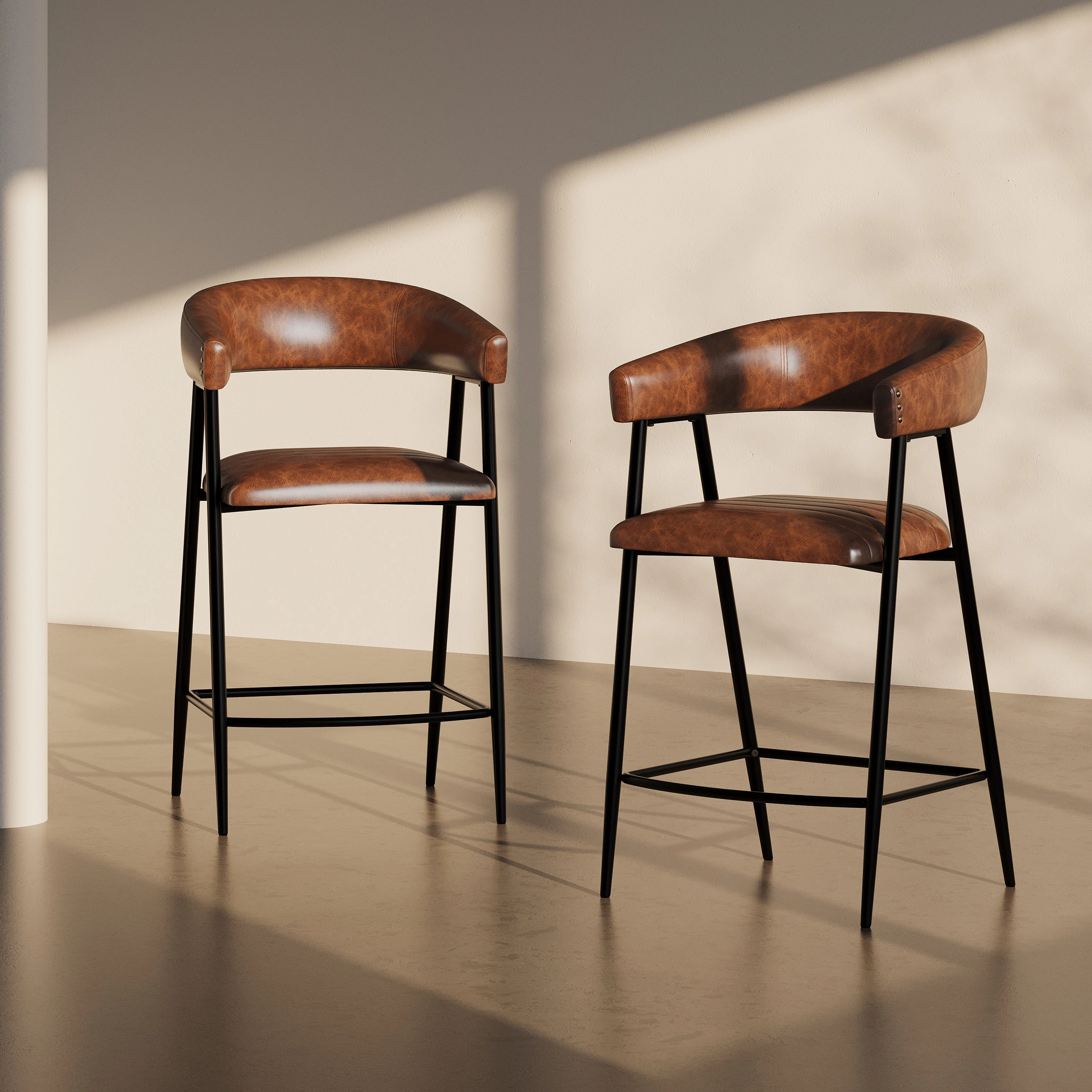 Set of 2 Modern PU Leather Counter Stools  Brown Upholstery