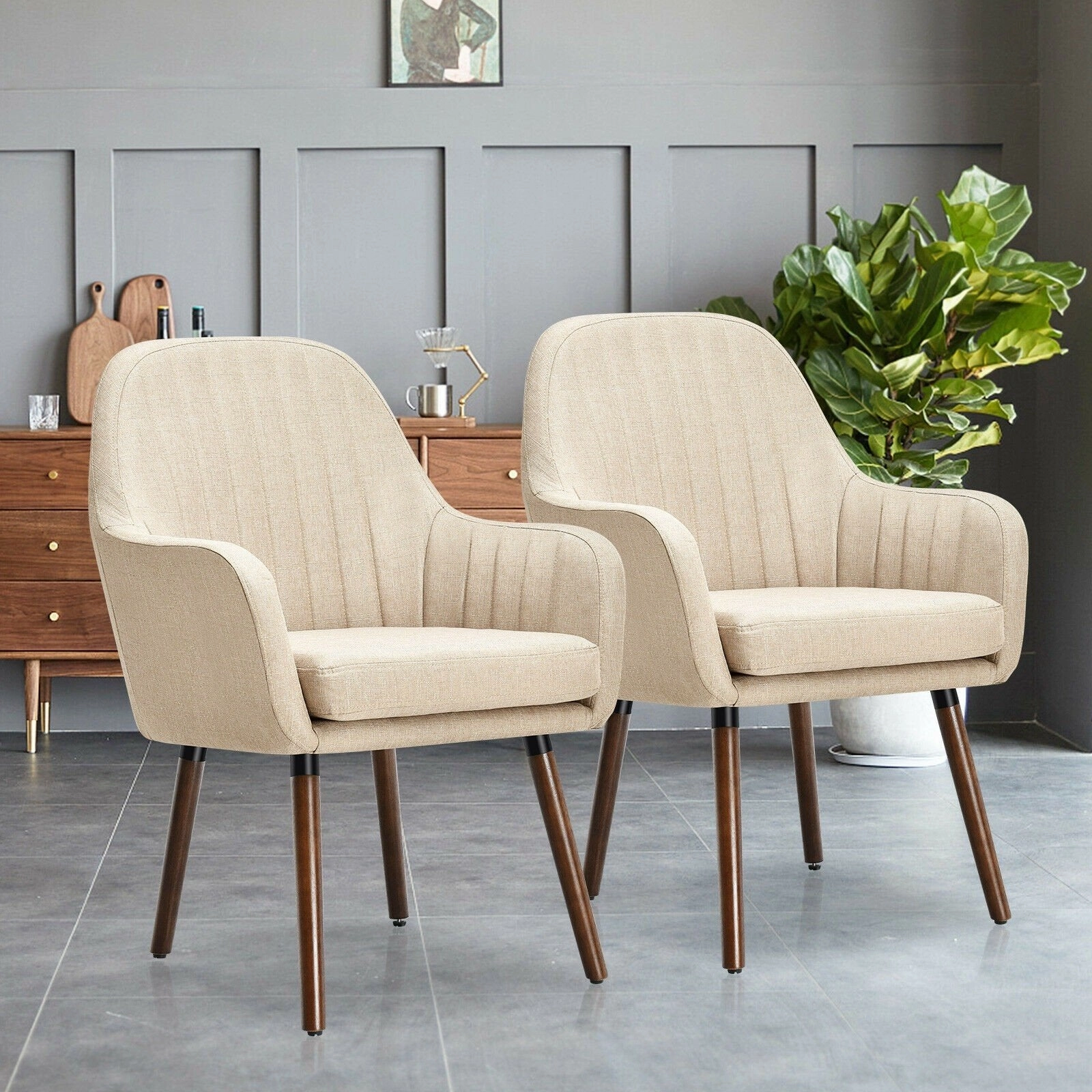Set of 2 or 4 Fabric Dining Chairs, Accent Upholstered Arm Chair w/Wood Legs