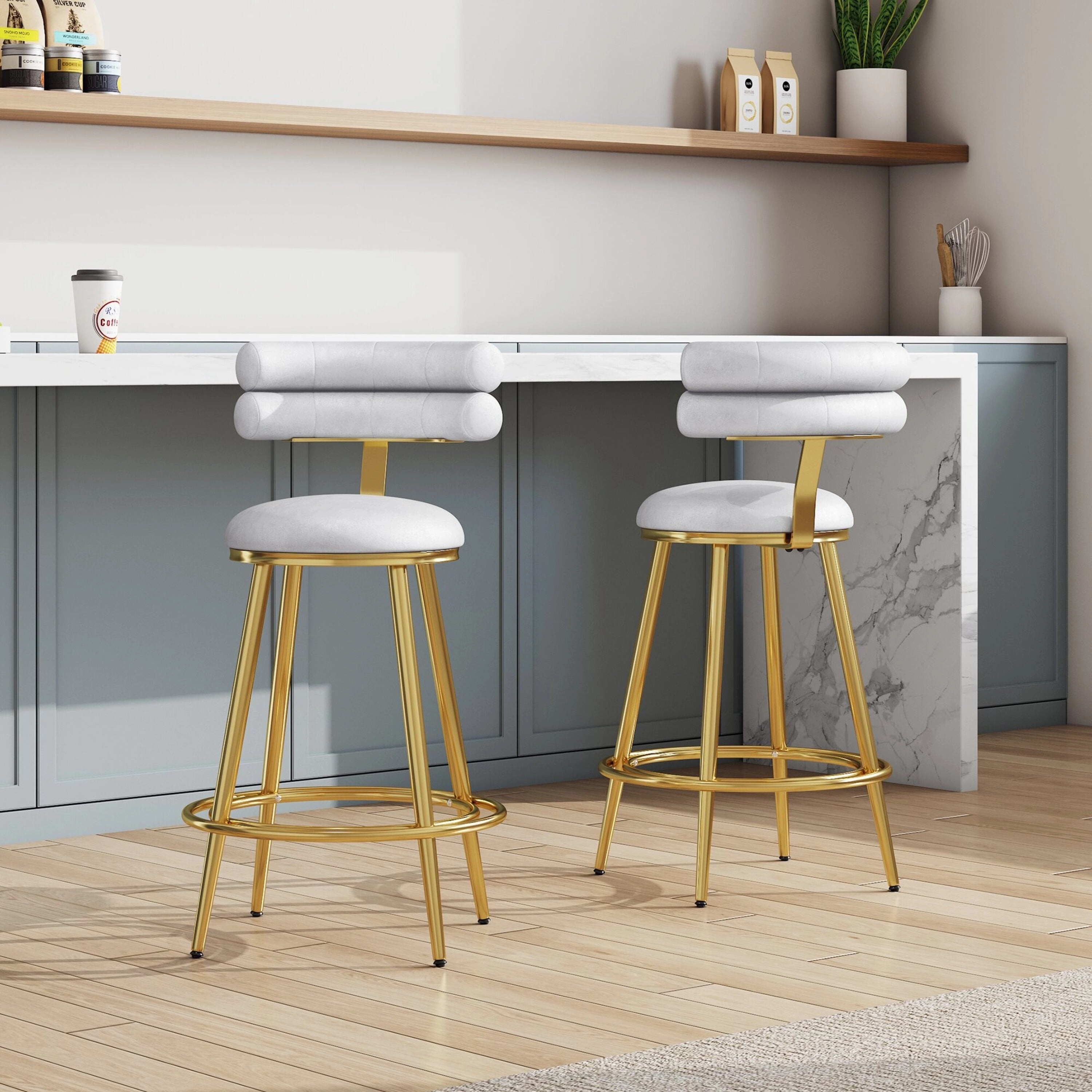 Set of 2 Velvet Counter Stools  Dark Grey Upholstery, Round Cushion