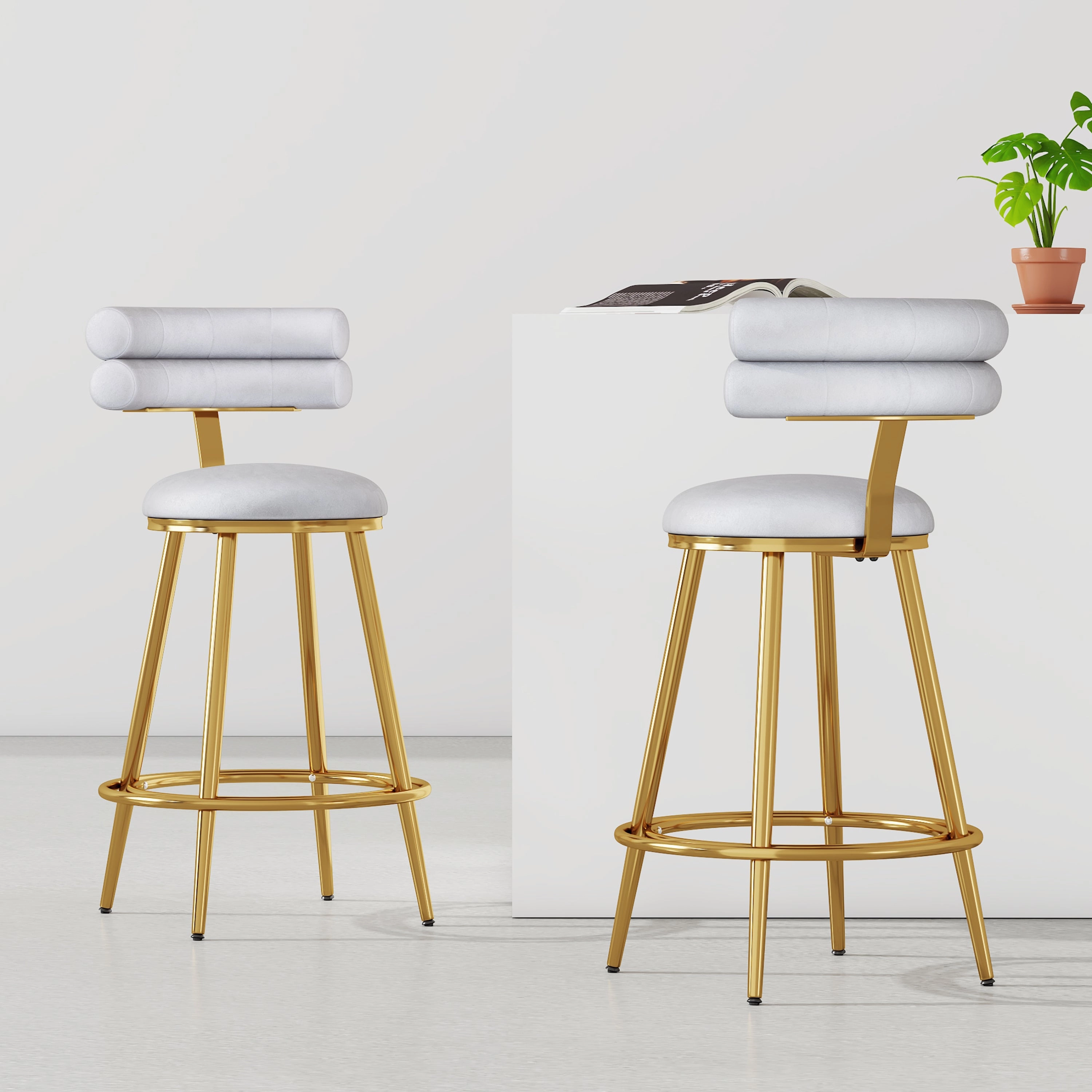 Set of 2 Velvet Counter Stools  Dark Grey Upholstery, Round Cushion