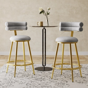 Set of 2 Velvet Counter Stools  Dark Grey Upholstery, Round Cushion kitchen accessories, table linens