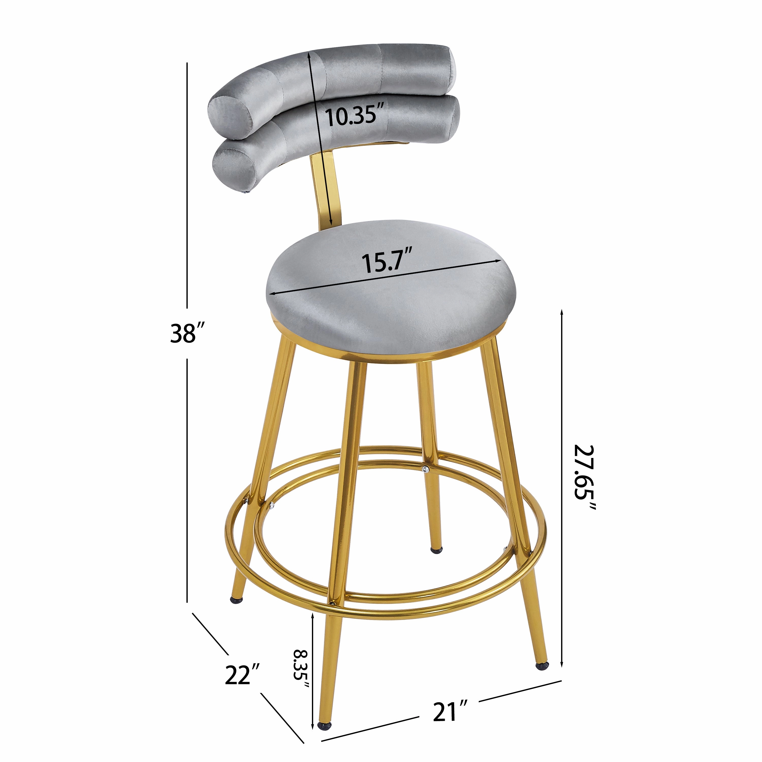 Set of 2 Velvet Counter Stools  Dark Grey Upholstery, Round Cushion