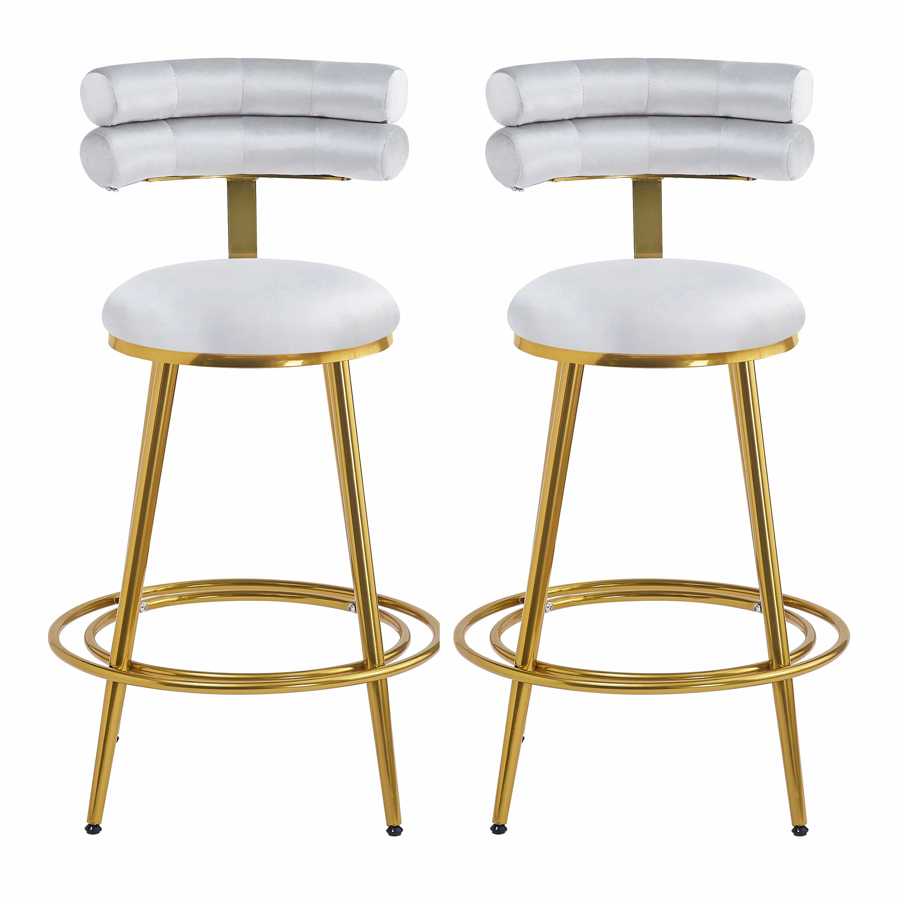Set of 2 Velvet Counter Stools  Dark Grey Upholstery, Round Cushion