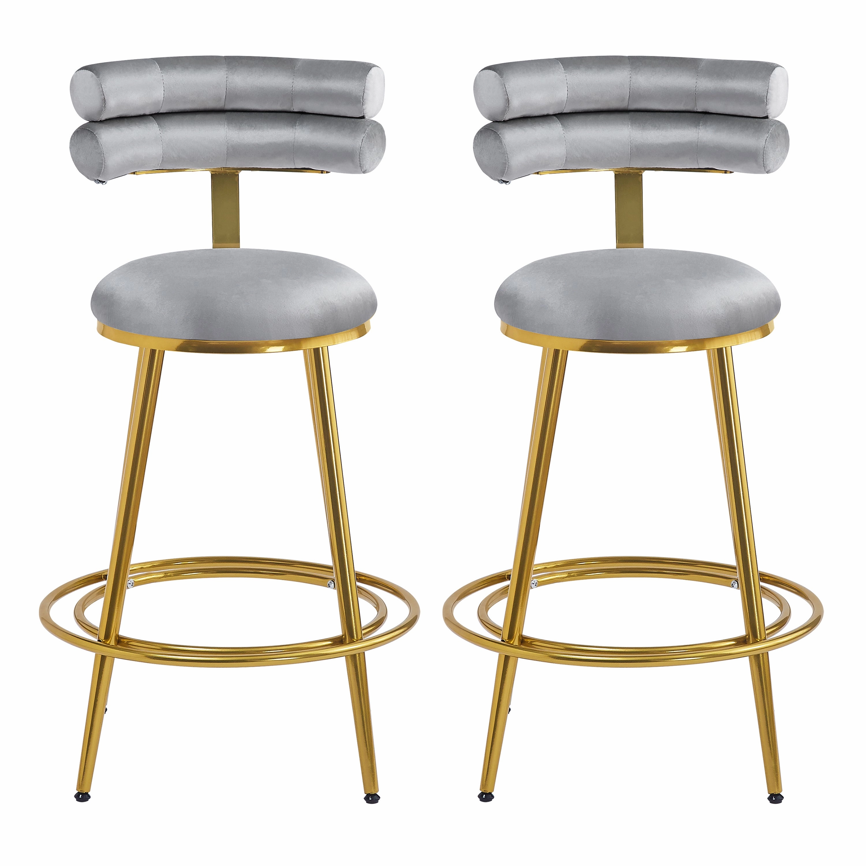 Set of 2 Velvet Counter Stools  Dark Grey Upholstery, Round Cushion