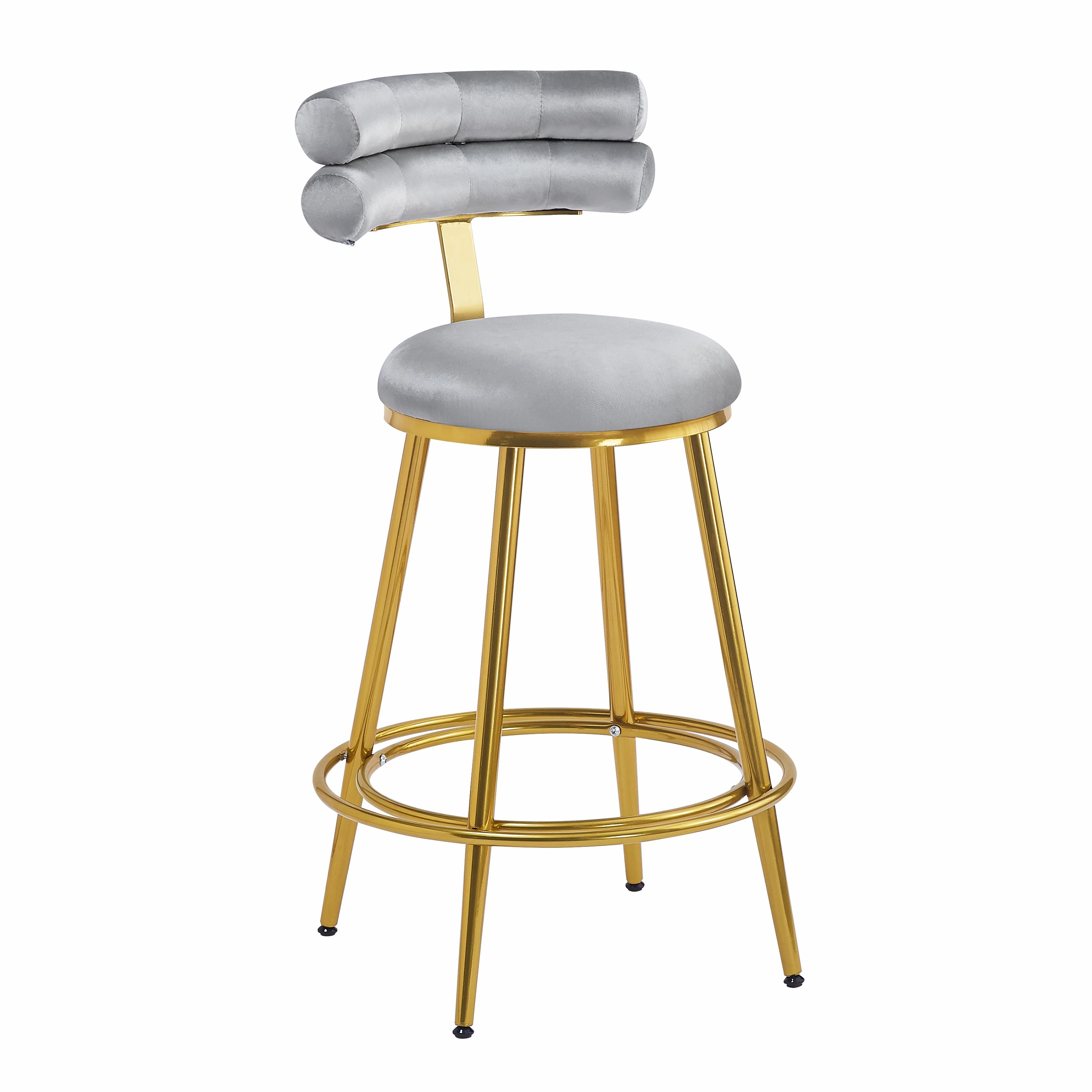 Set of 2 Velvet Counter Stools  Dark Grey Upholstery, Round Cushion