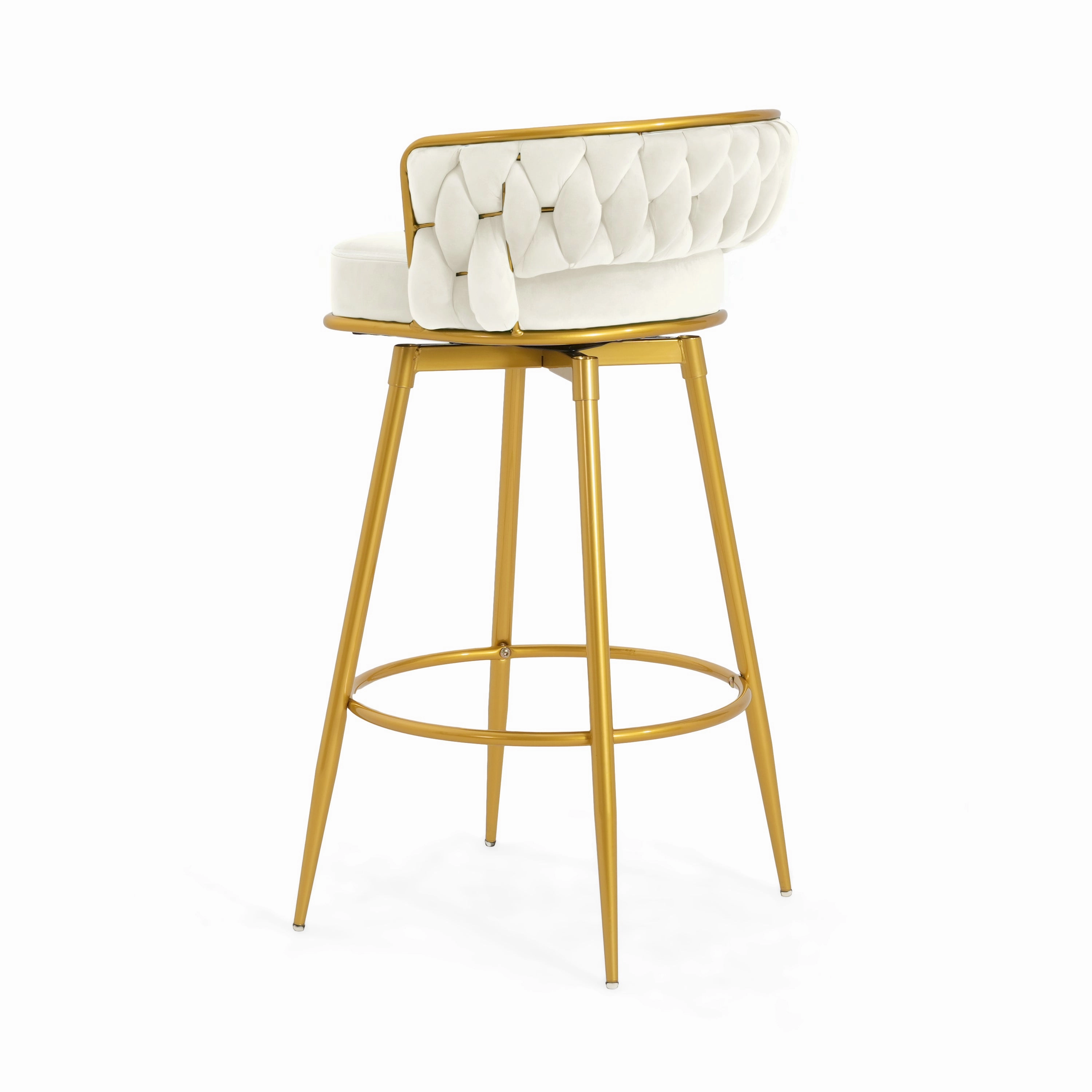 Set of 2 Velvet Swivel Bar Stools 180 Gold Frame w/ Woven Back & Footrest