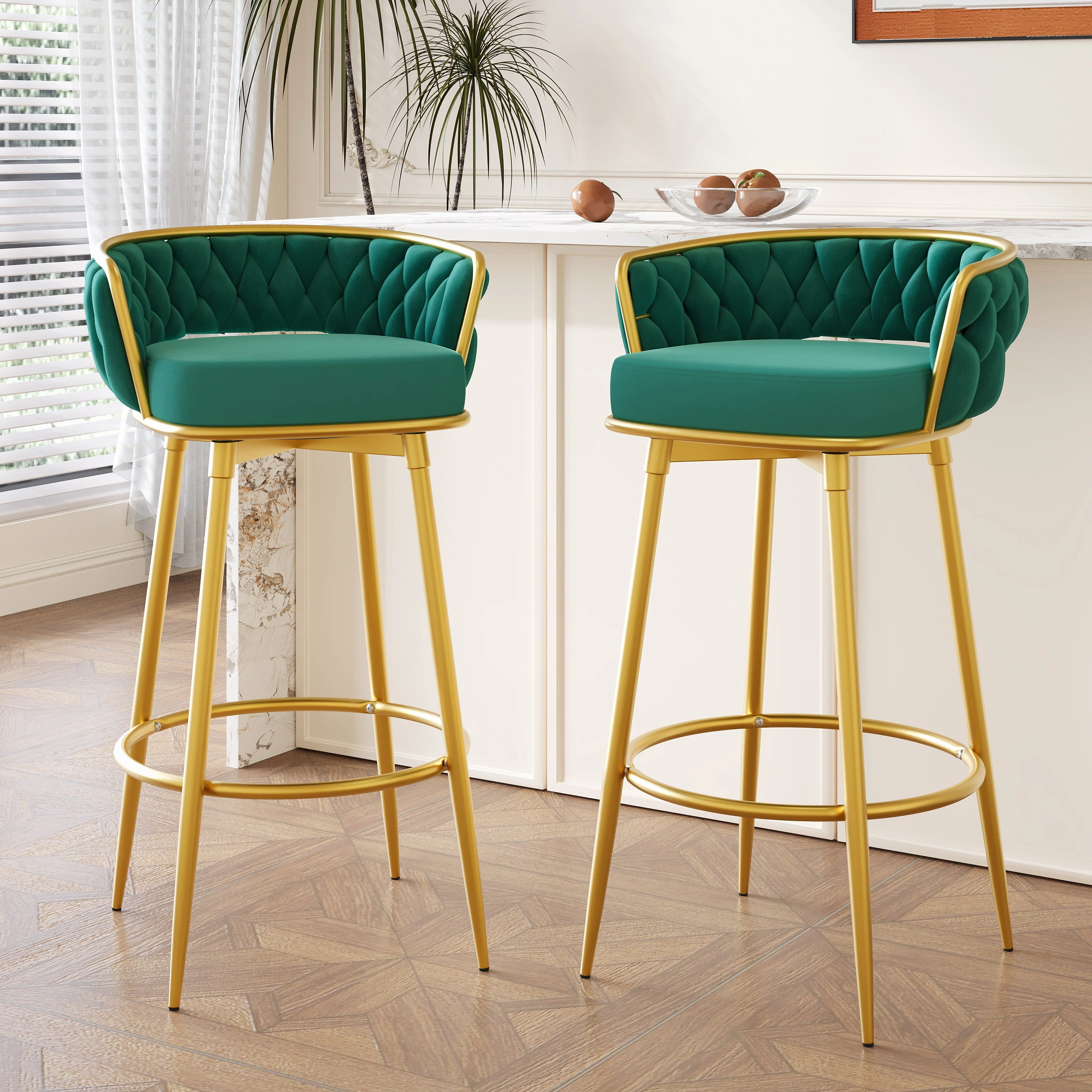 Set of 2 Velvet Swivel Bar Stools 180 Gold Frame w/ Woven Back & Footrest kitchen accessories, table linens