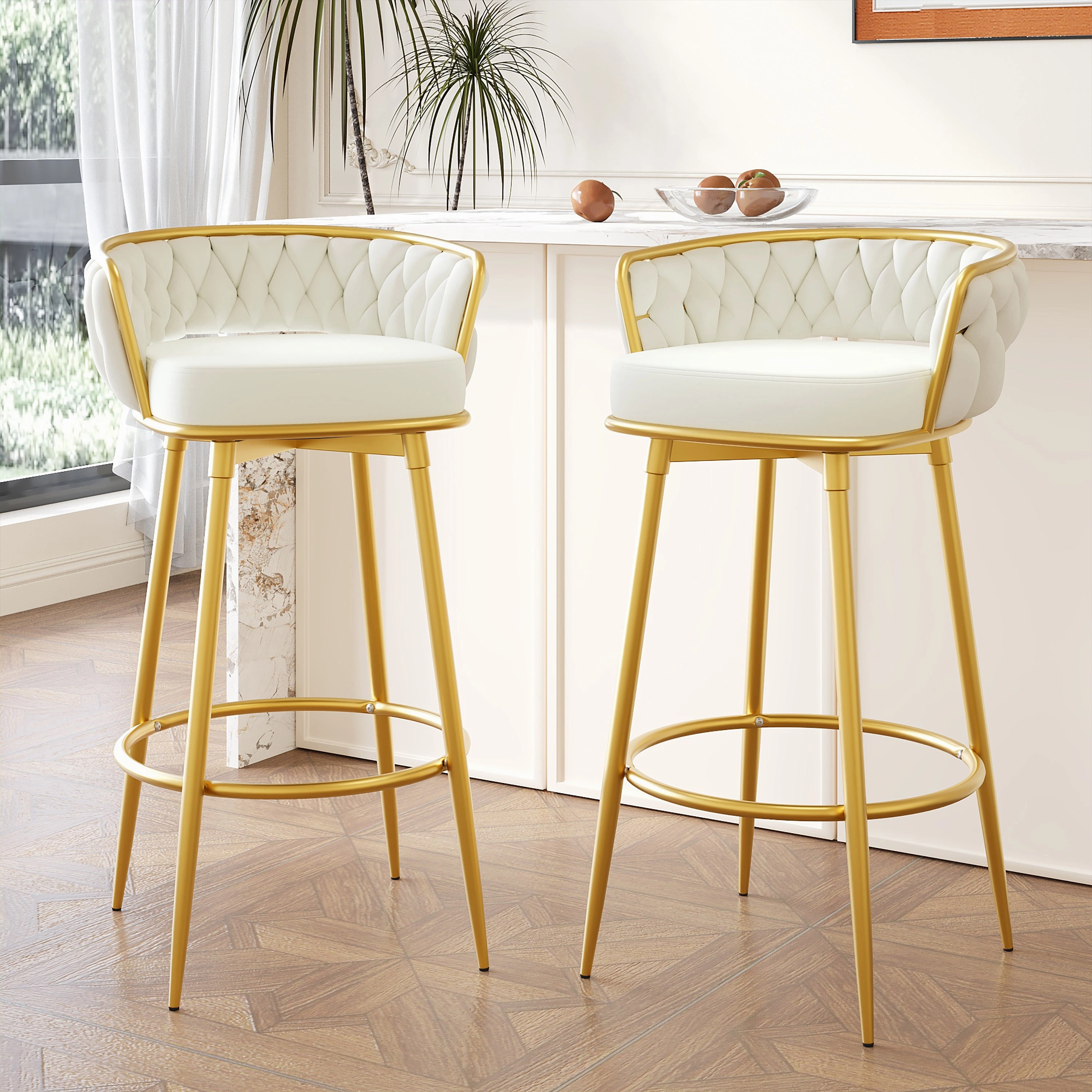 Set of 2 Velvet Swivel Bar Stools 180 Gold Frame w/ Woven Back & Footrest