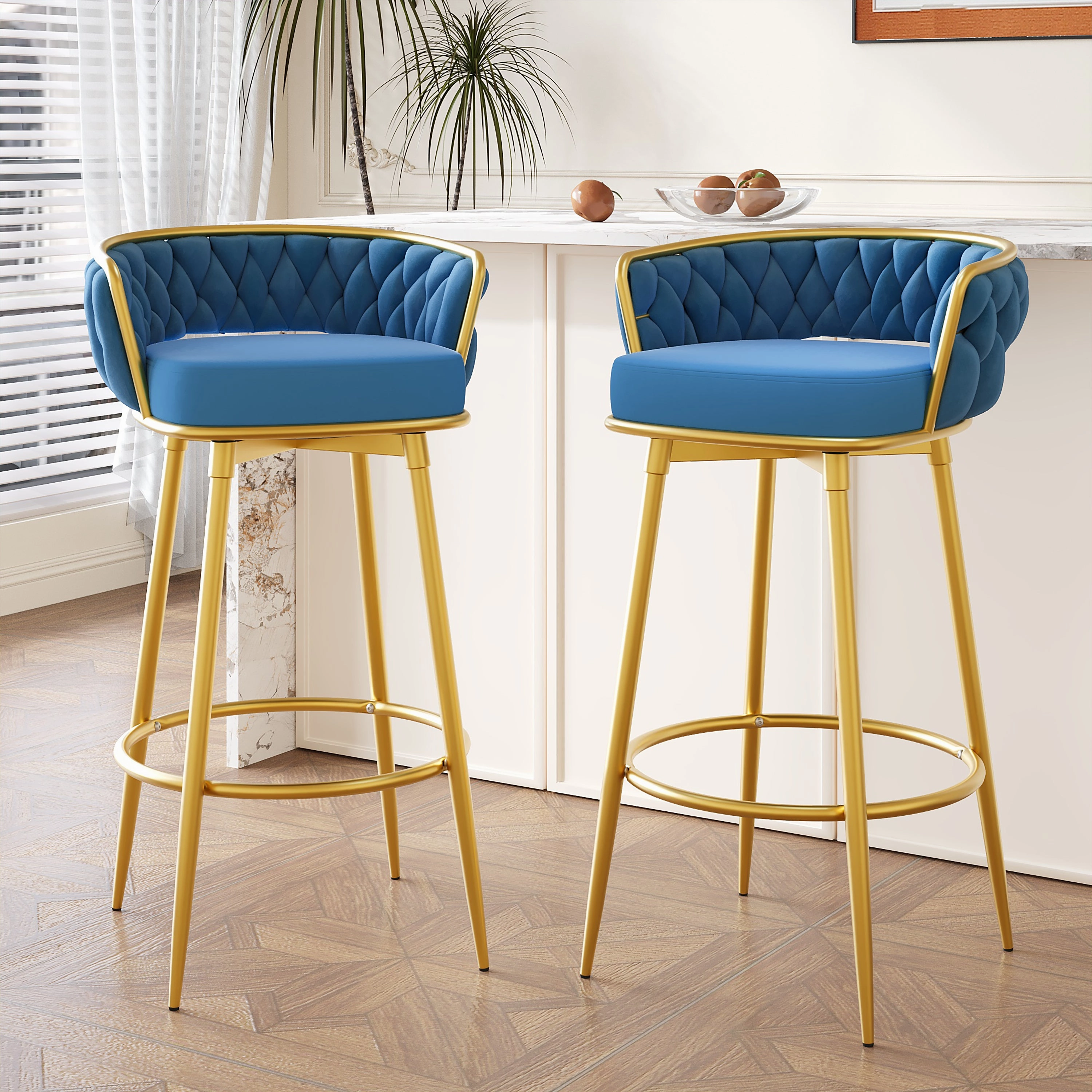 Set of 2 Velvet Swivel Bar Stools 180 Gold Frame w/ Woven Back & Footrest