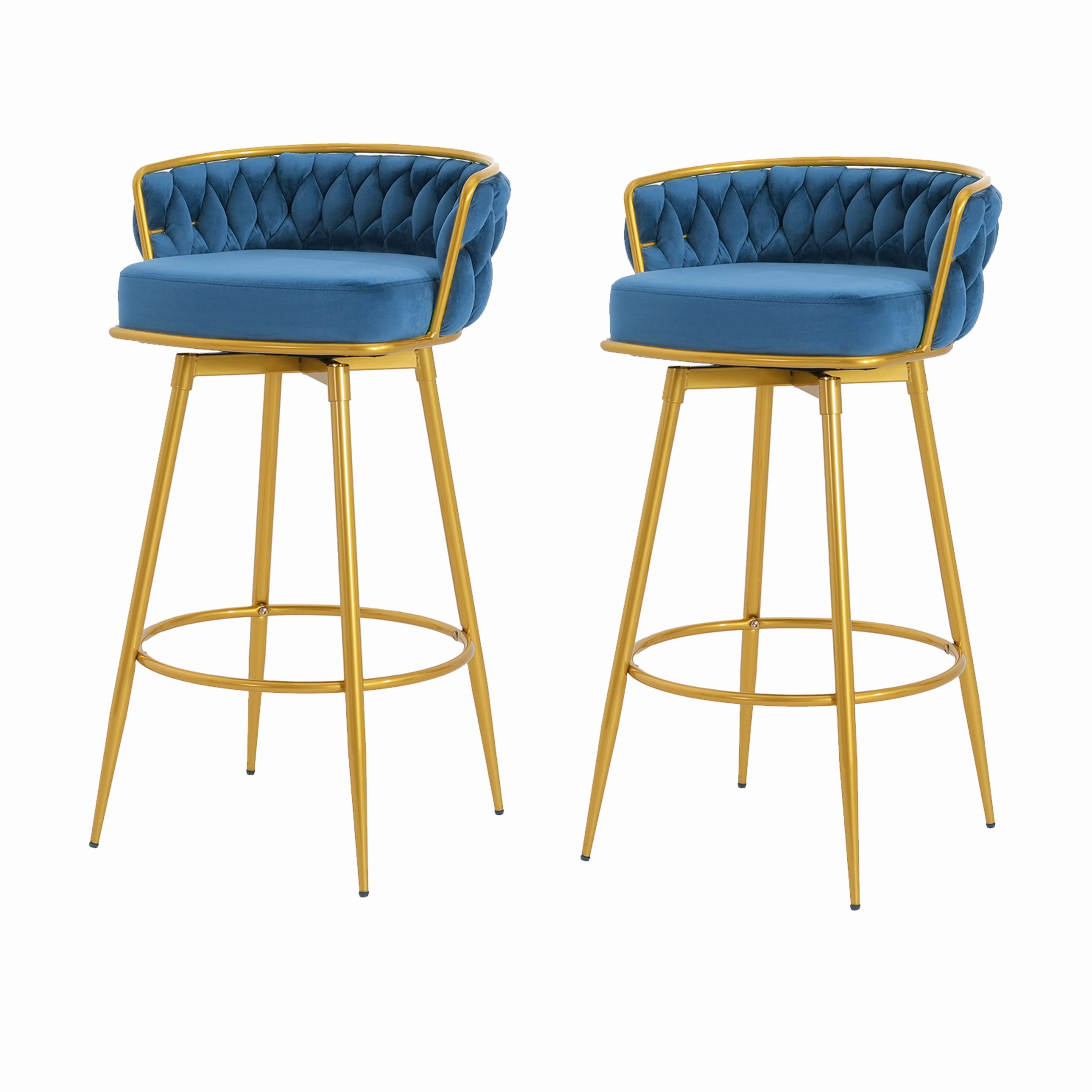 Set of 2 Velvet Swivel Bar Stools 180 Gold Frame w/ Woven Back & Footrest