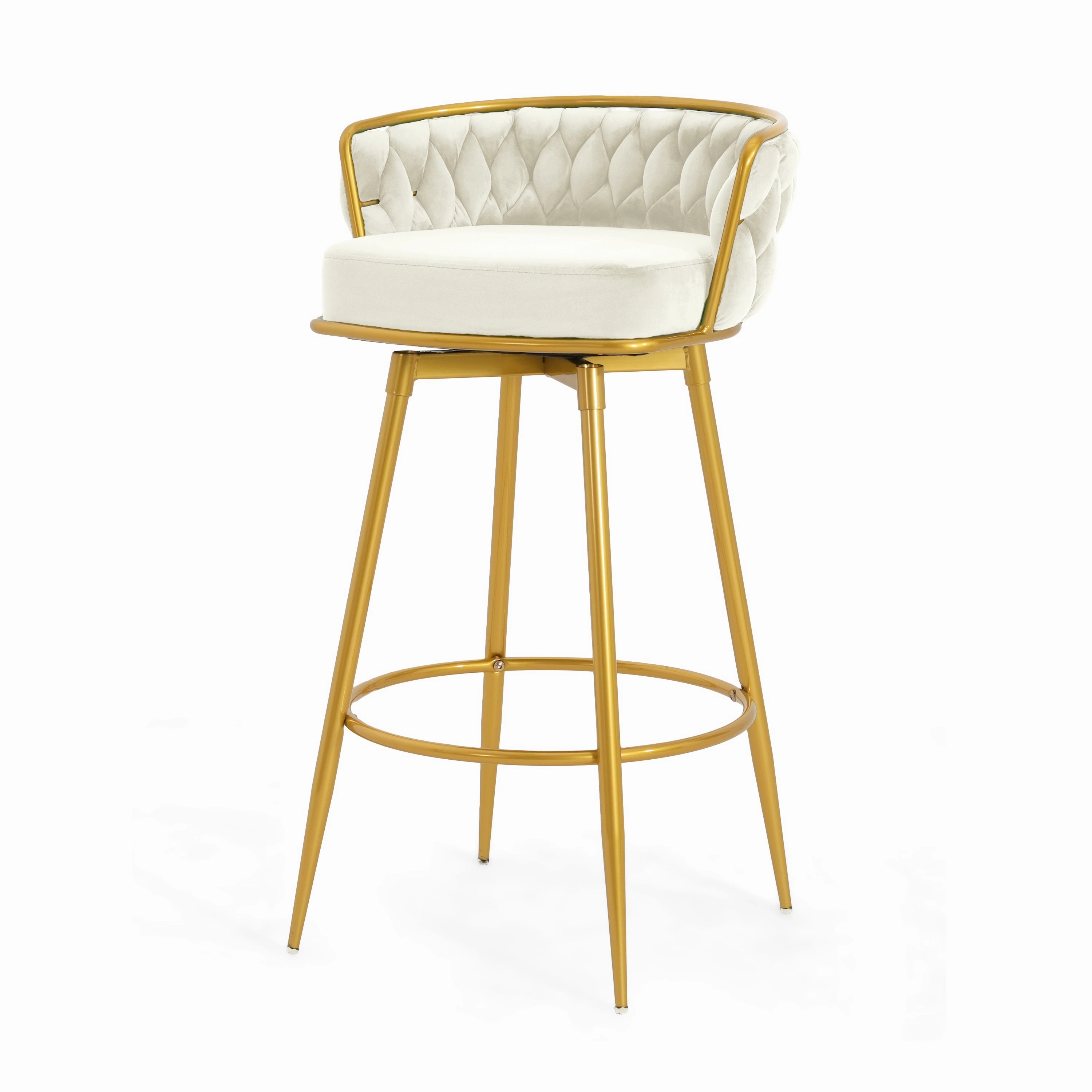 Set of 2 Velvet Swivel Bar Stools 180 Gold Frame w/ Woven Back & Footrest
