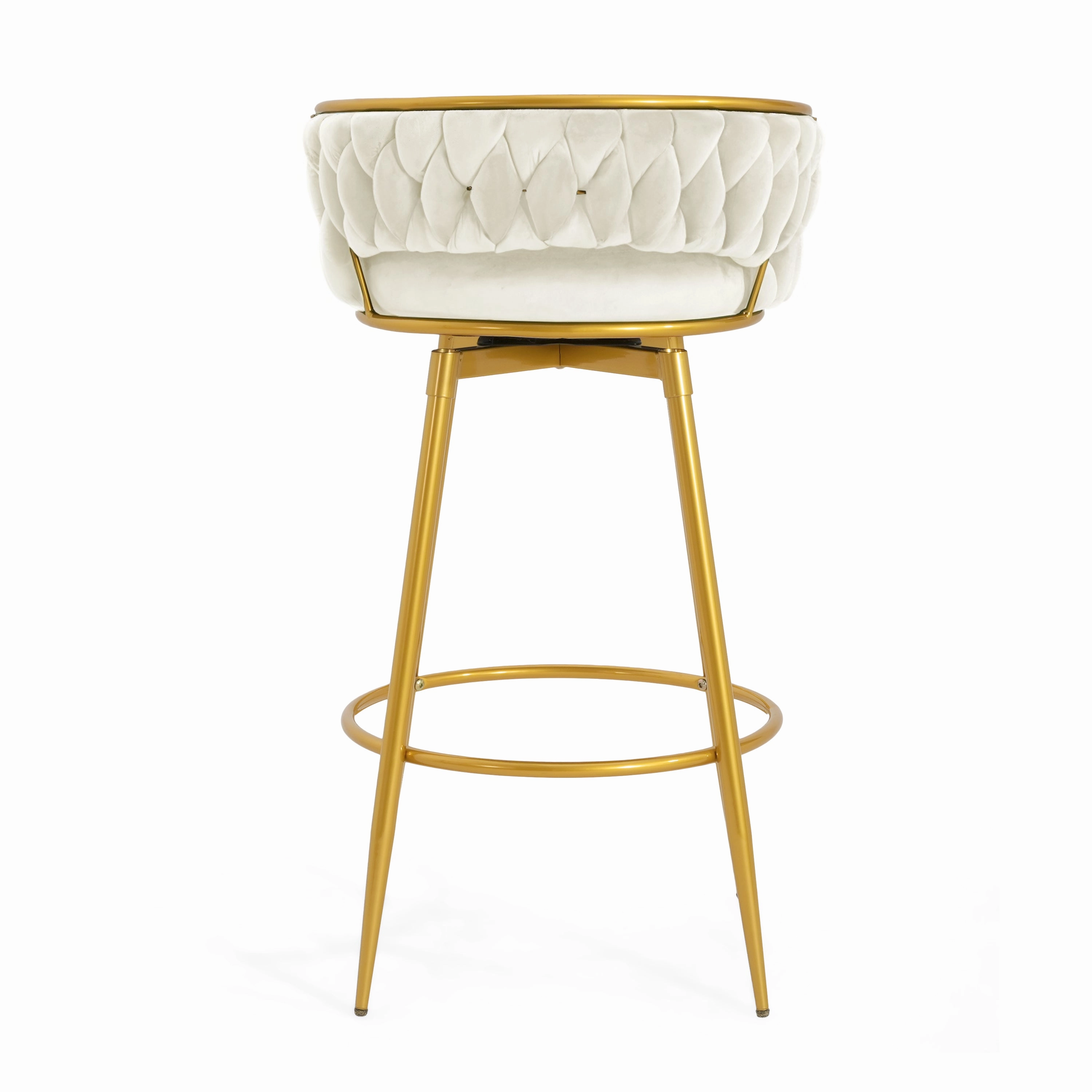 Set of 2 Velvet Swivel Bar Stools 180 Gold Frame w/ Woven Back & Footrest