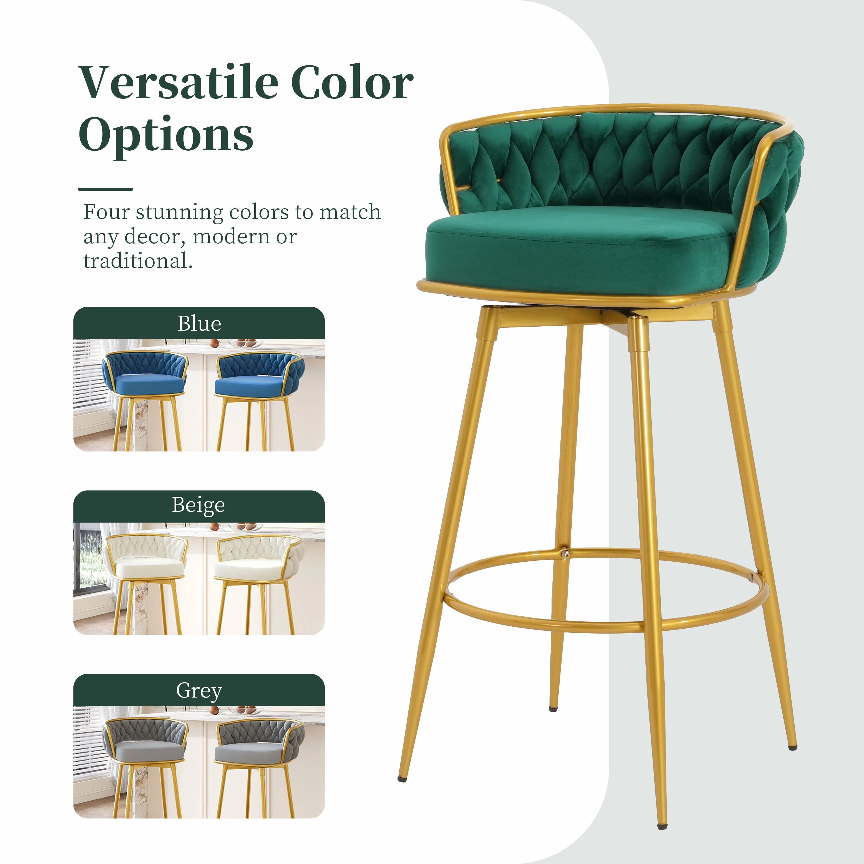 Set of 2 Velvet Swivel Bar Stools 180 Gold Frame w/ Woven Back & Footrest