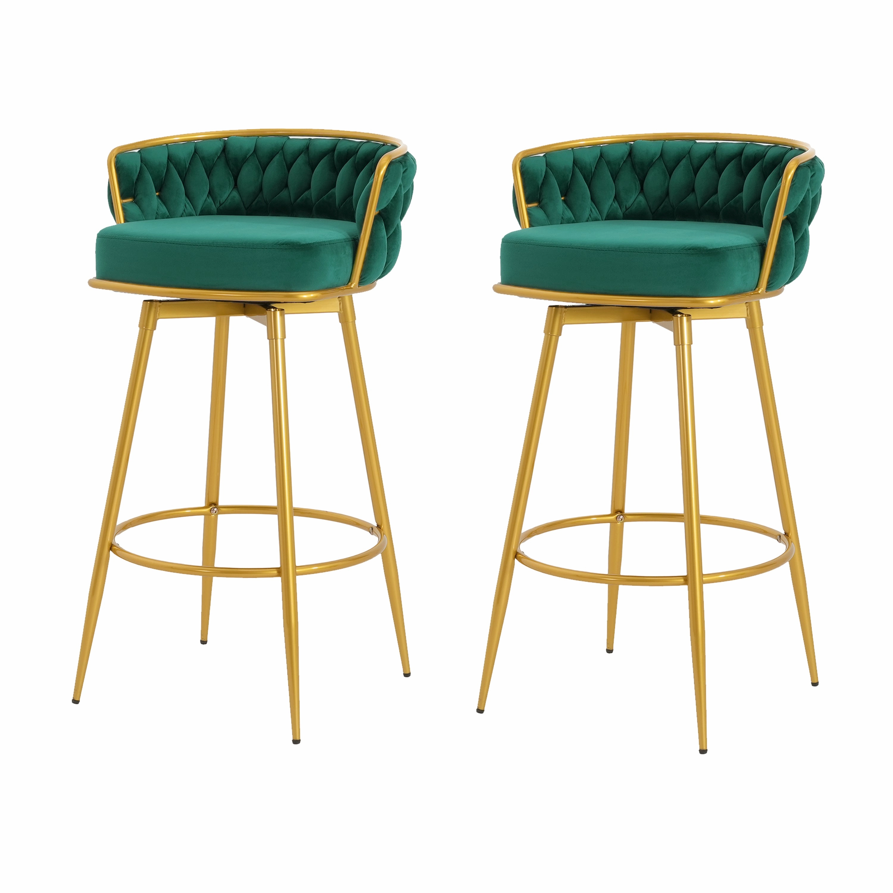 Set of 2 Velvet Swivel Bar Stools 180 Gold Frame w/ Woven Back & Footrest