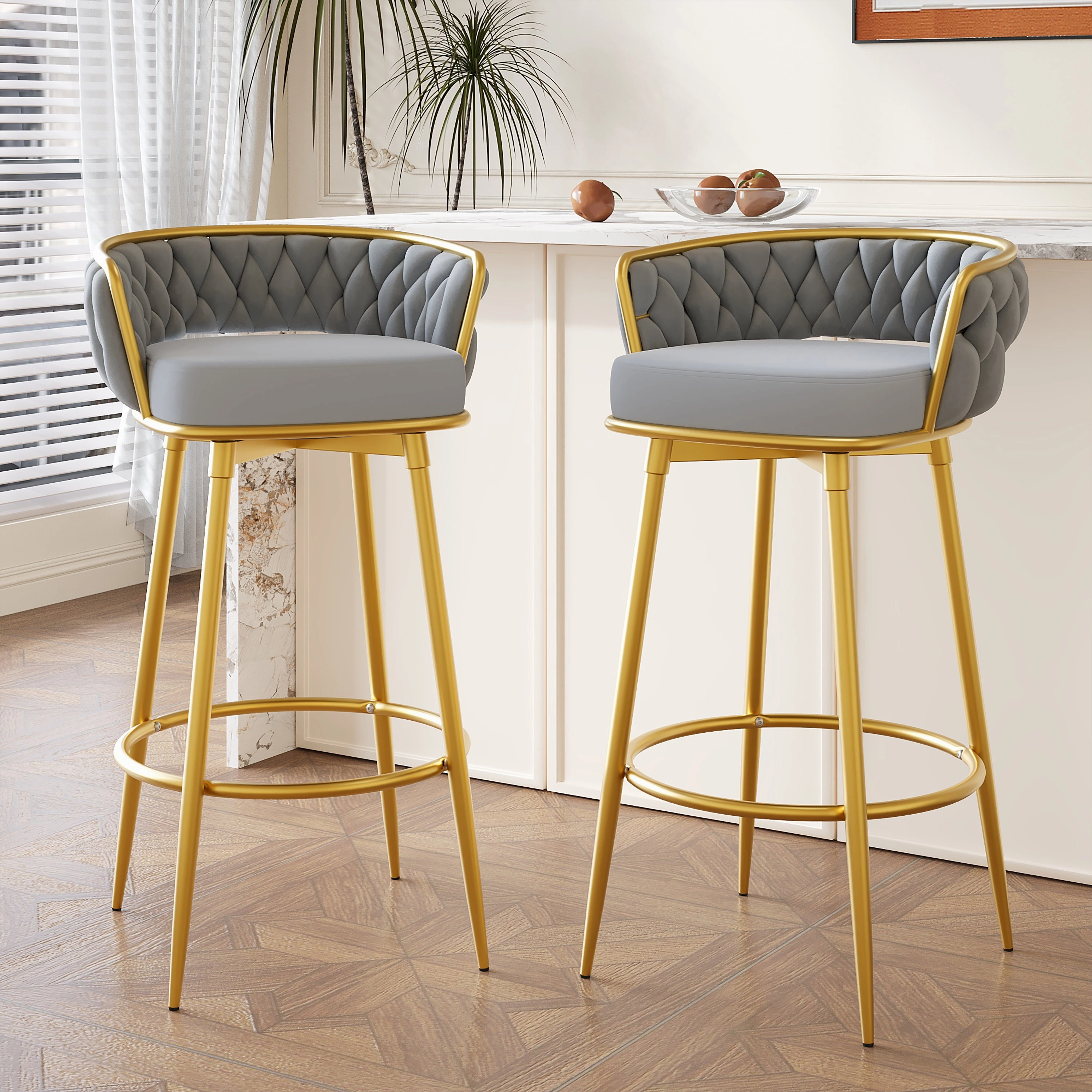 Set of 2 Velvet Swivel Bar Stools 180 Gold Frame w/ Woven Back & Footrest