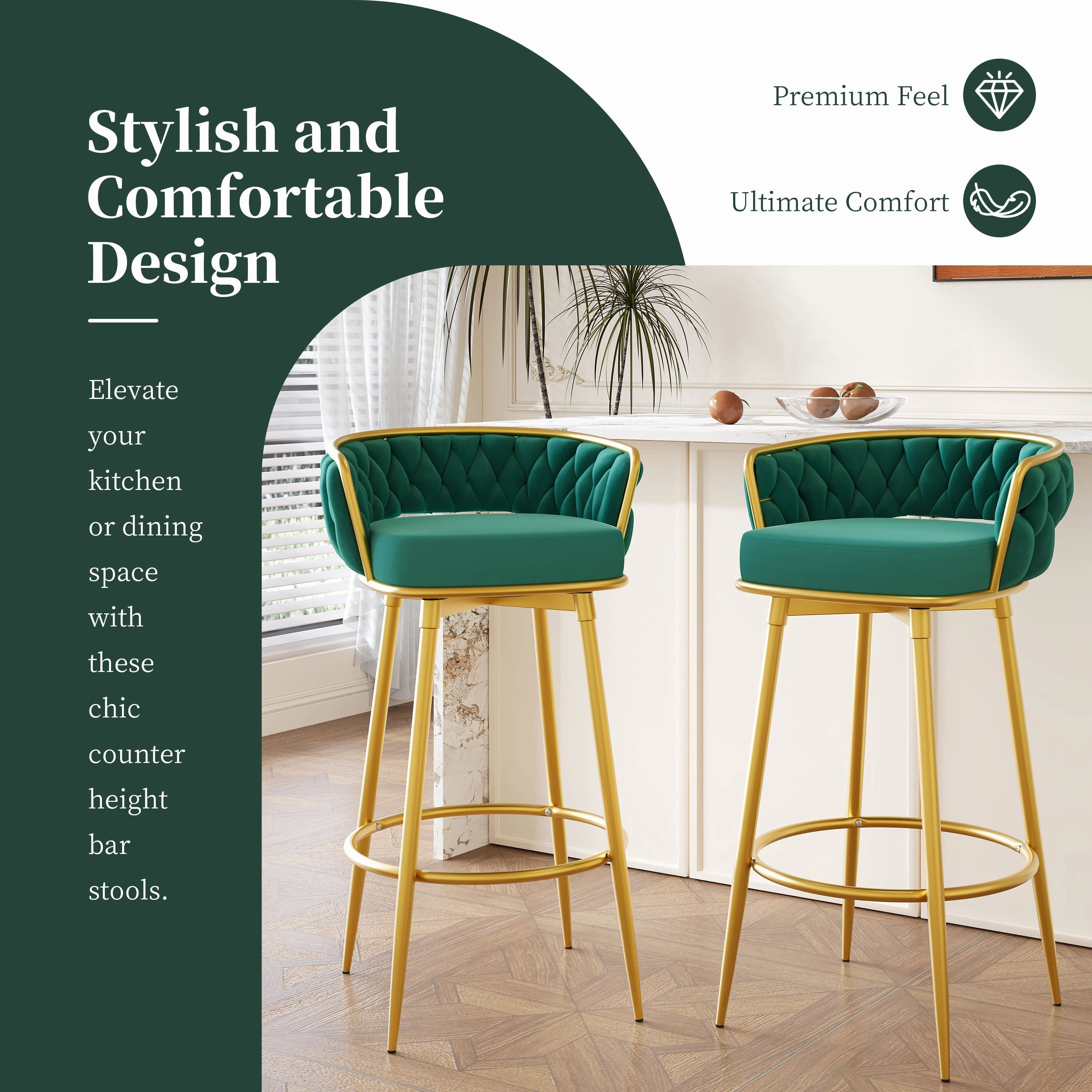Set of 2 Velvet Swivel Bar Stools 180 Gold Frame w/ Woven Back & Footrest