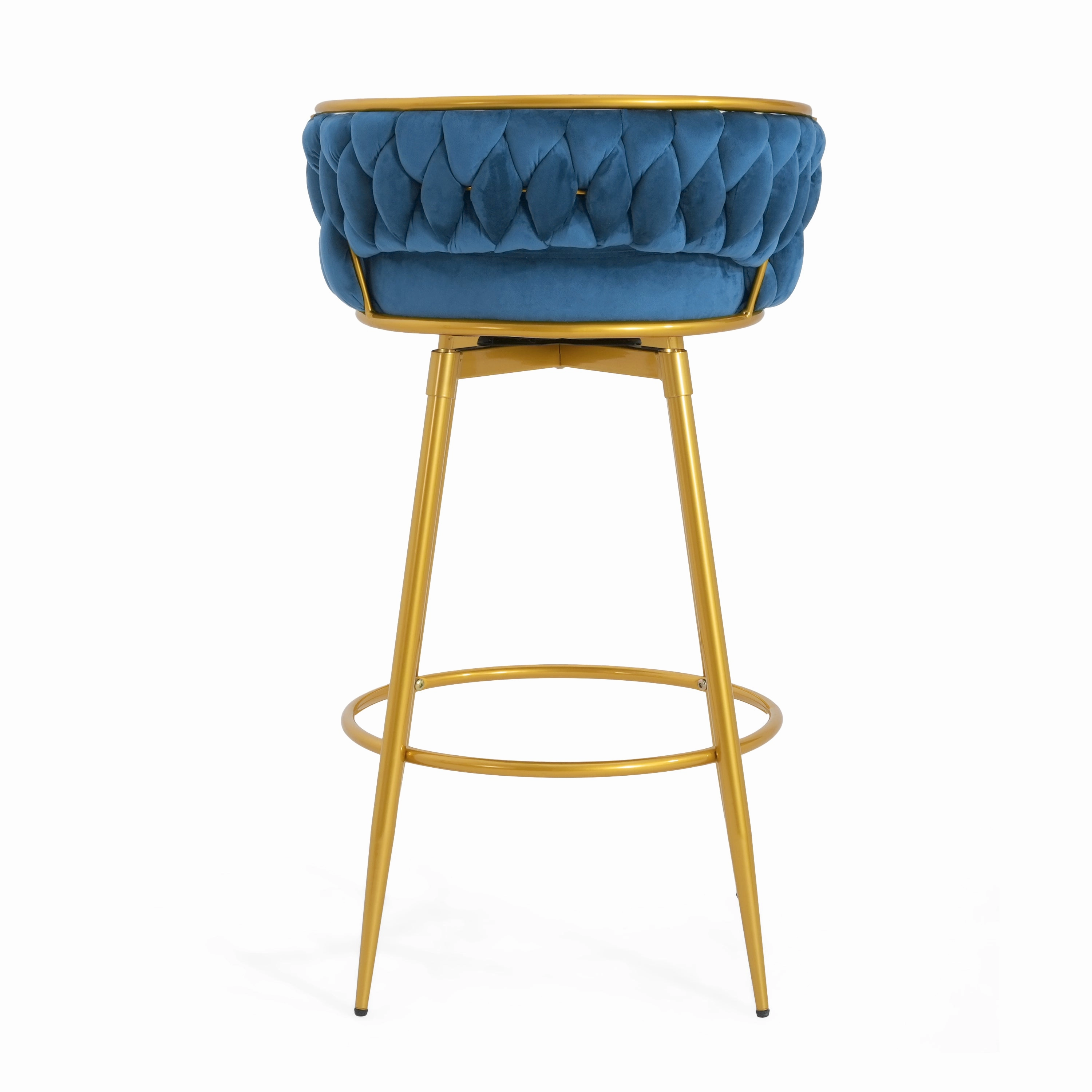 Set of 2 Velvet Swivel Bar Stools 180 Gold Frame w/ Woven Back & Footrest