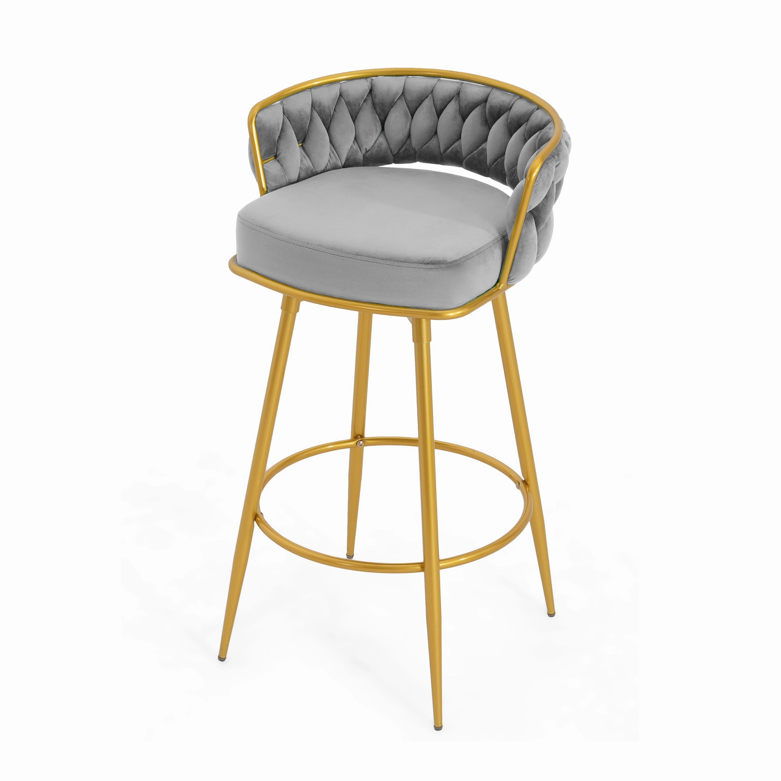 Set of 2 Velvet Swivel Bar Stools 180 Gold Frame w/ Woven Back & Footrest
