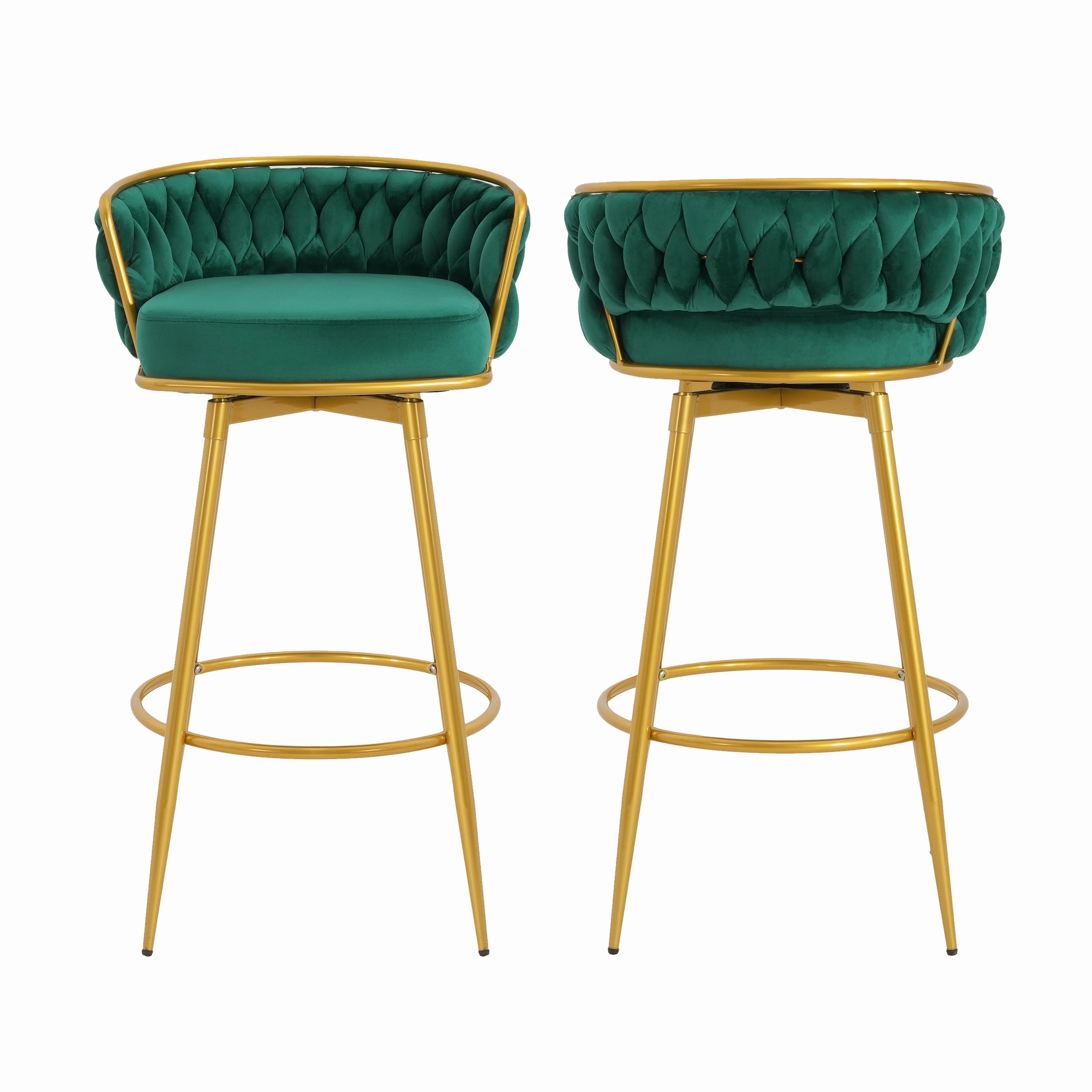 Set of 2 Velvet Swivel Bar Stools 180 Gold Frame w/ Woven Back & Footrest