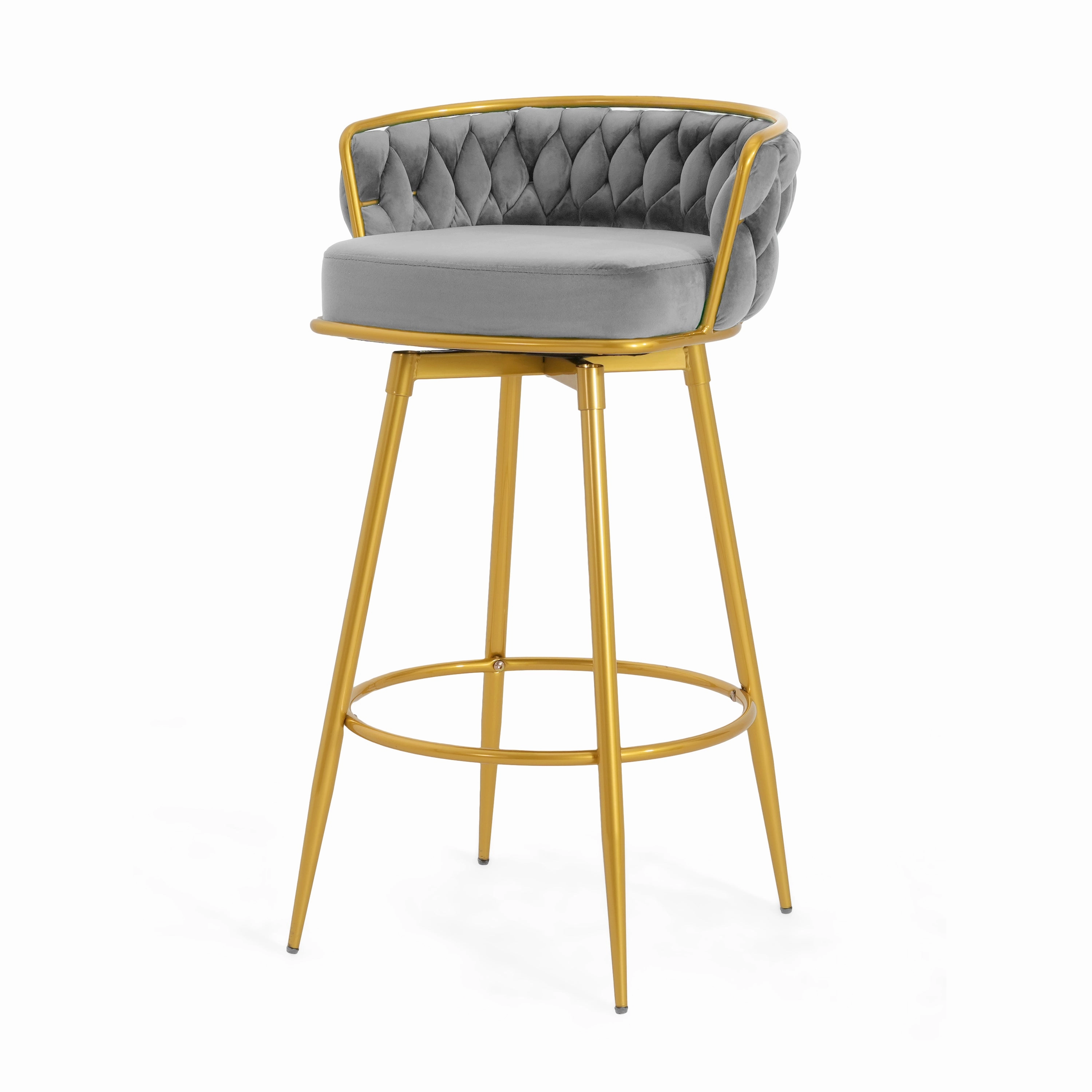 Set of 2 Velvet Swivel Bar Stools 180 Gold Frame w/ Woven Back & Footrest