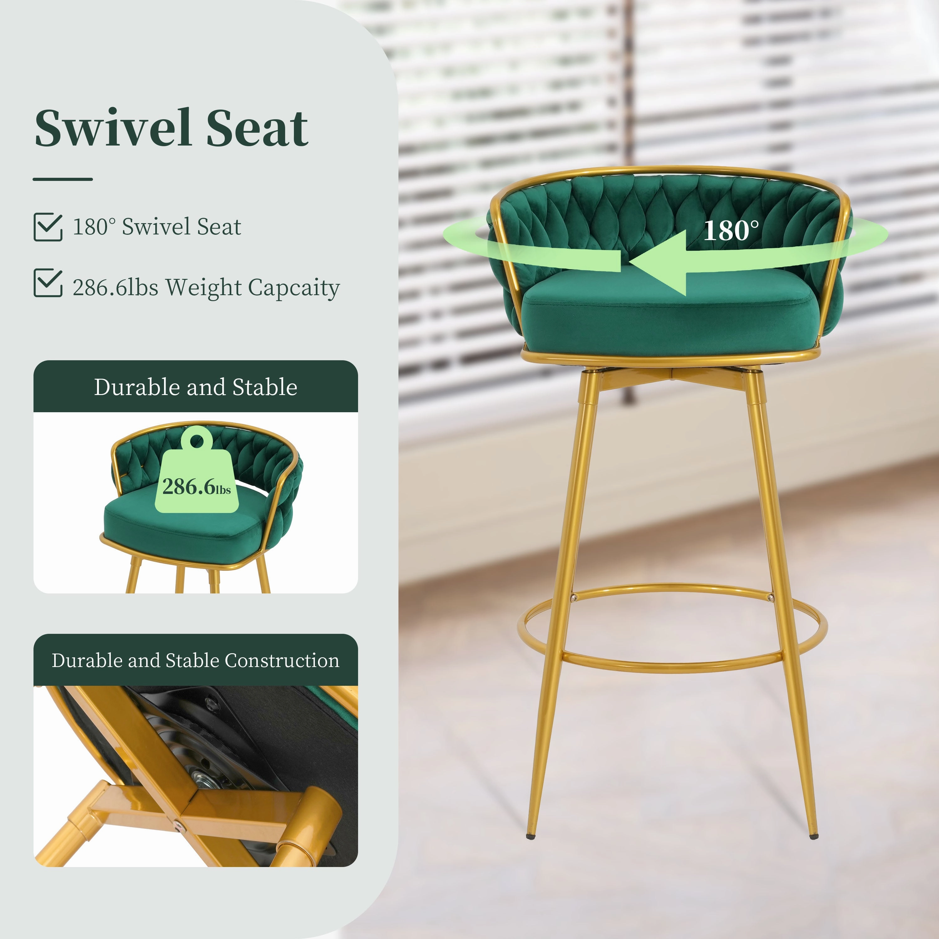 Set of 2 Velvet Swivel Bar Stools 180 Gold Frame w/ Woven Back & Footrest
