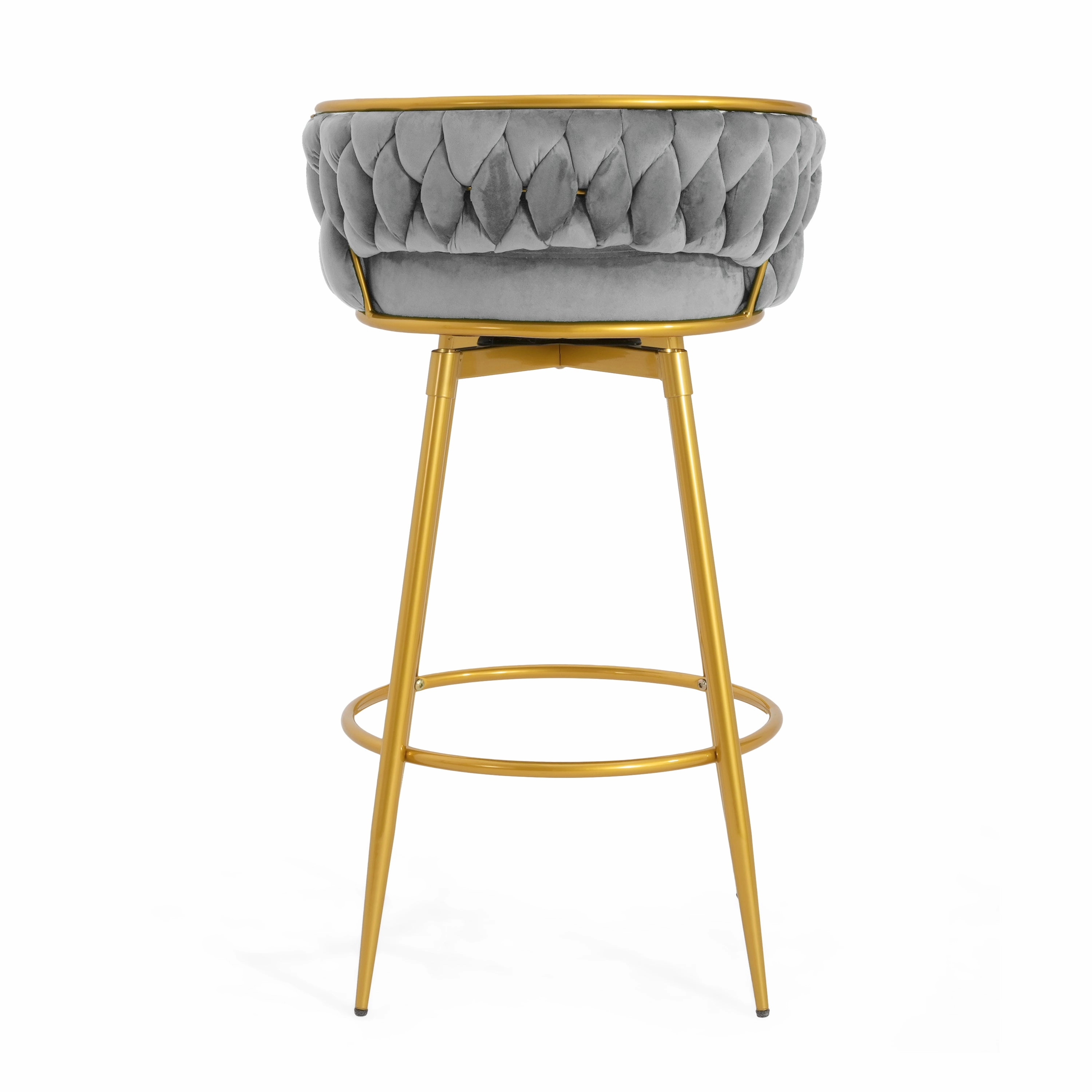 Set of 2 Velvet Swivel Bar Stools 180 Gold Frame w/ Woven Back & Footrest