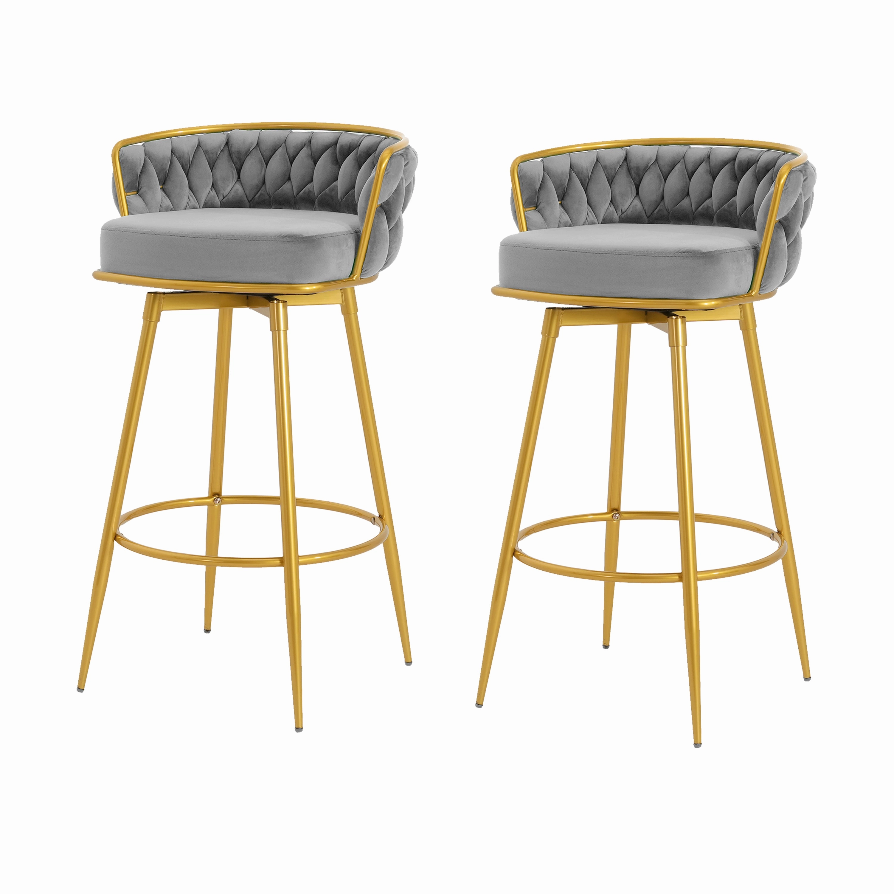 Set of 2 Velvet Swivel Bar Stools 180 Gold Frame w/ Woven Back & Footrest