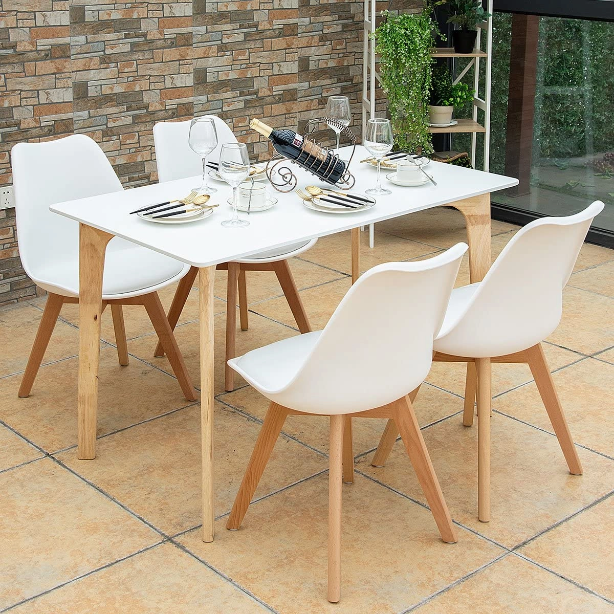 Set of 4 Mid Century Dining Chairs Wood Legs White