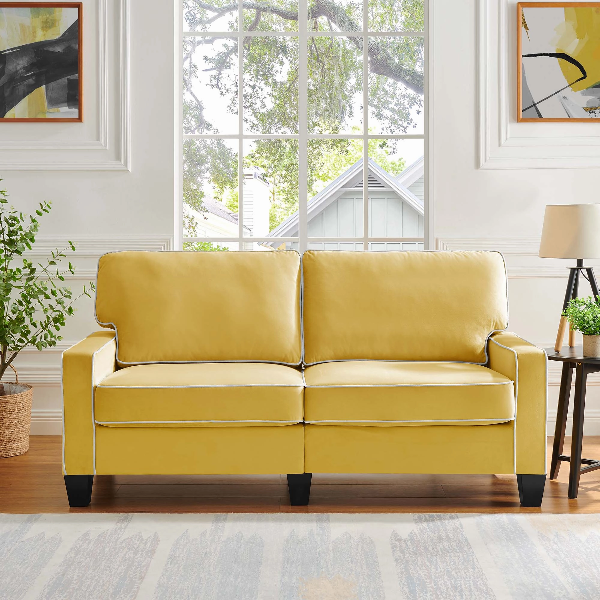 Sherbrook Large 2-Seater Mustard Yellow Velvet Sofa with Contrasting Piping