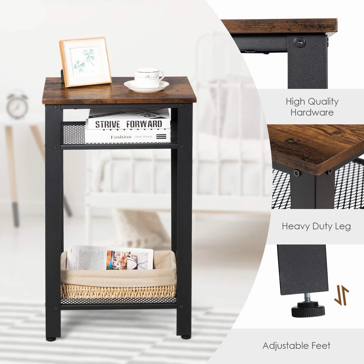 Side Table Industrial 3-Tier W/Mesh Shelves