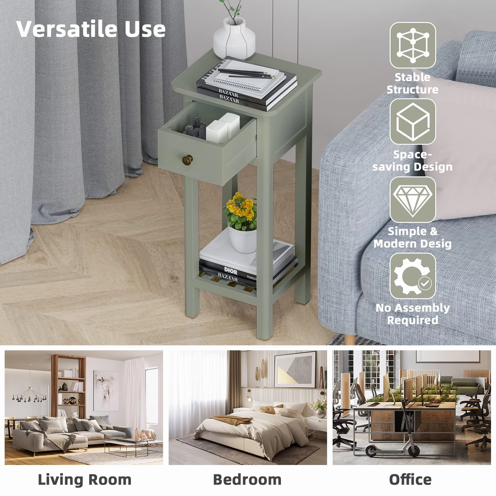 Small End Table | Wooden Slim Side Table for Small Space