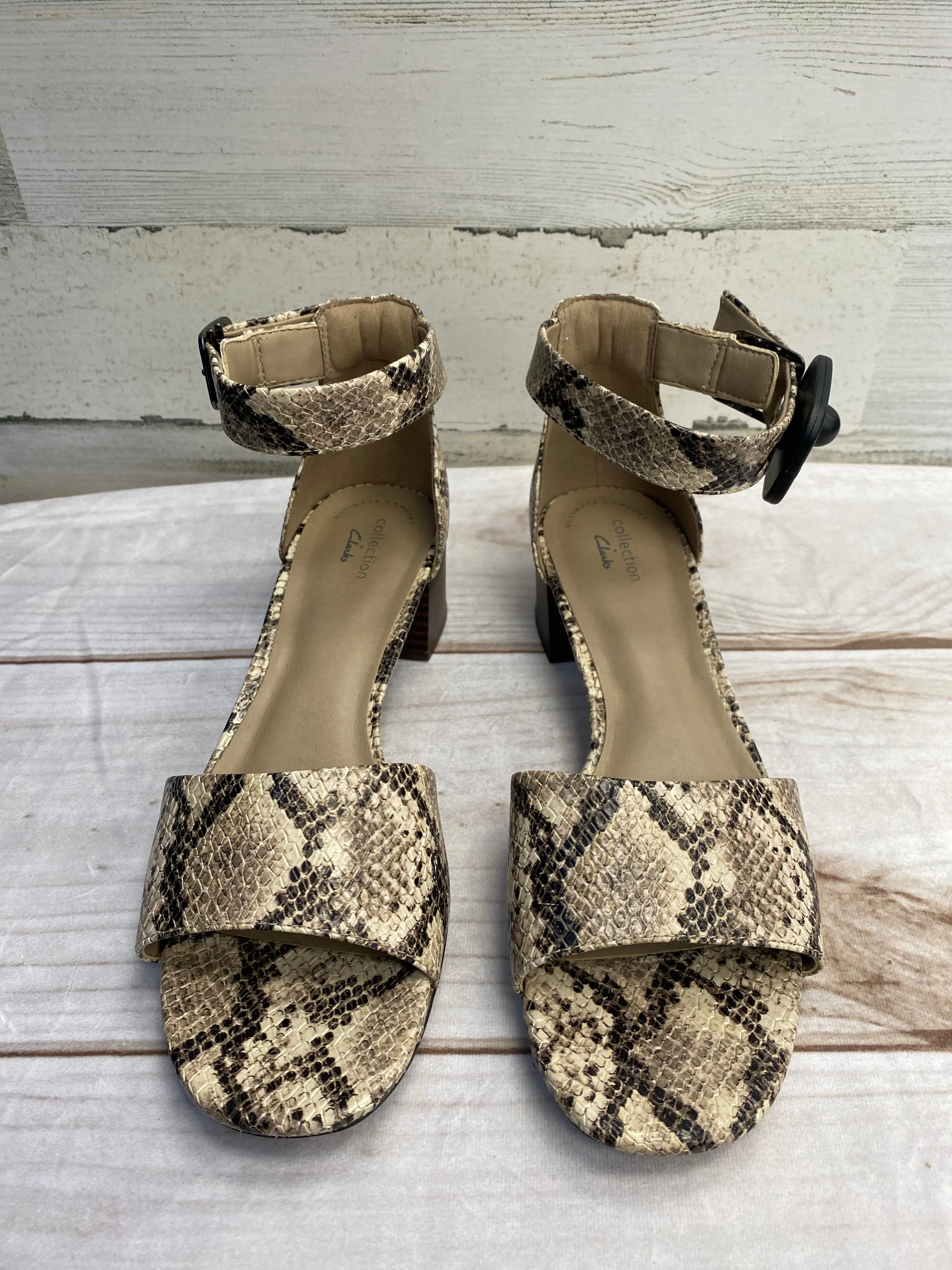 Snakeskin Print Sandals Heels Block Clarks, Size 9 clarks