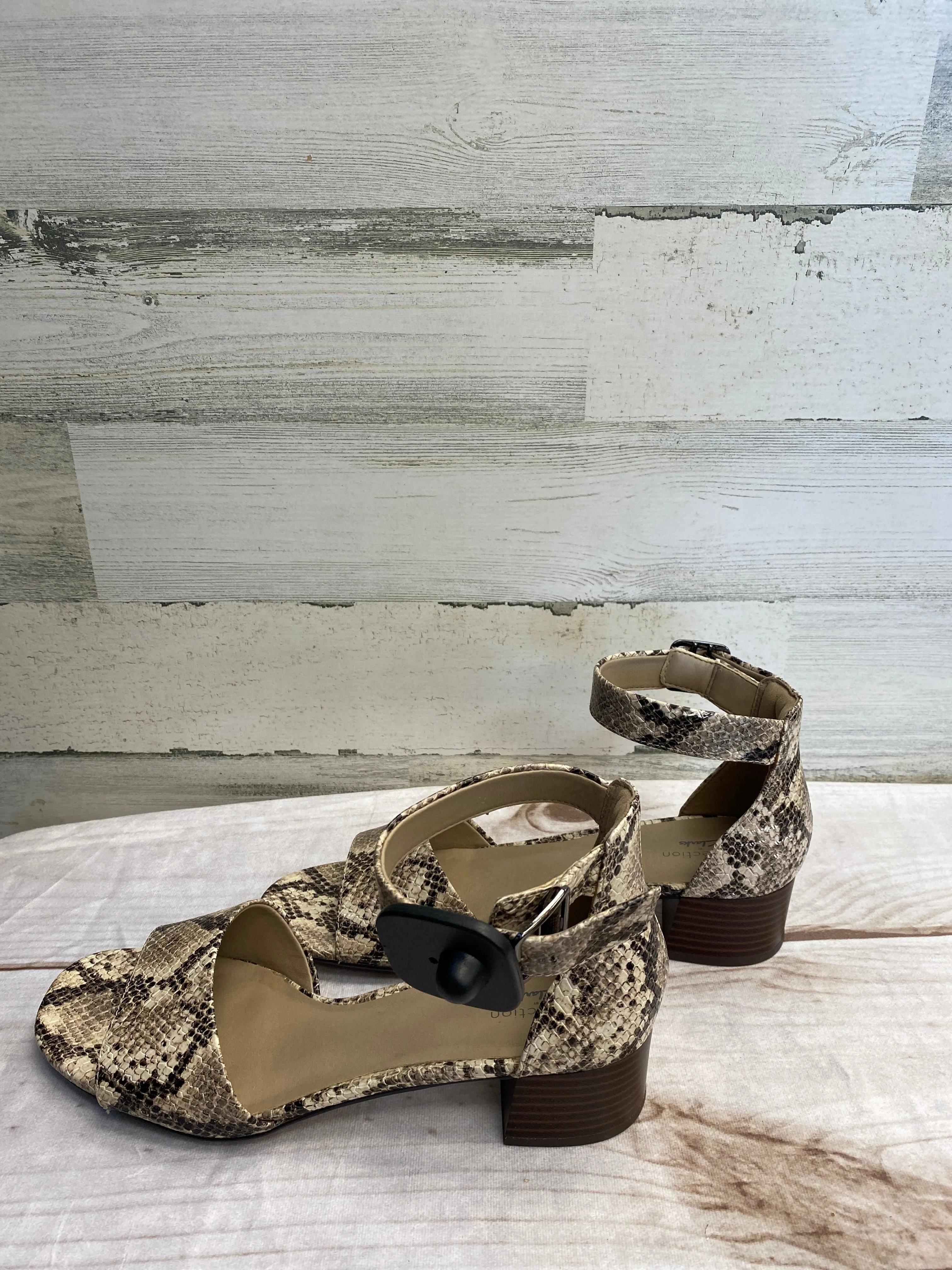Snakeskin Print Sandals Heels Block Clarks, Size 9 clarks