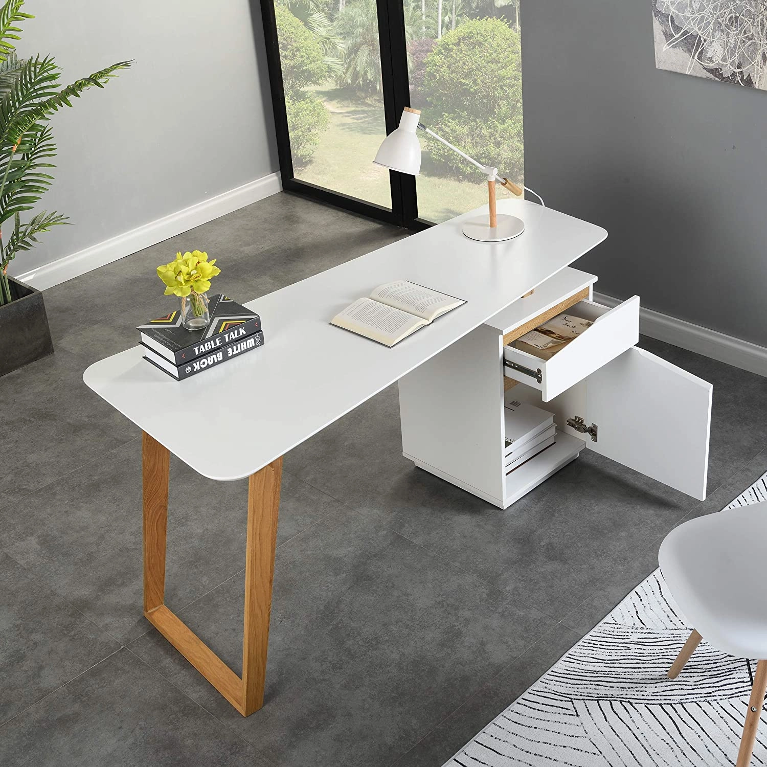 Soren Oak and White Desk with Cupboard