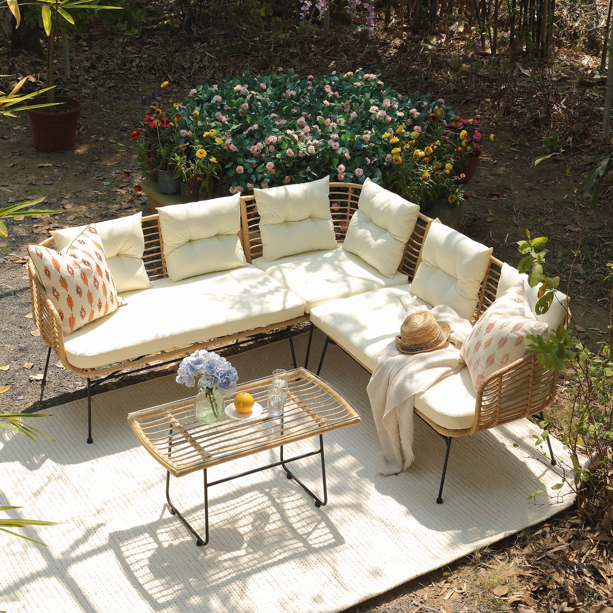 St Loy Natural Rattan Corner Sofa Set with Table