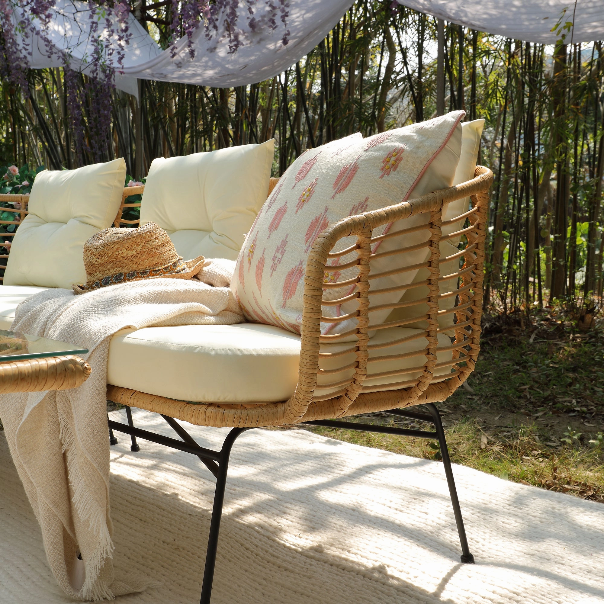 St Loy Natural Rattan Corner Sofa Set with Table