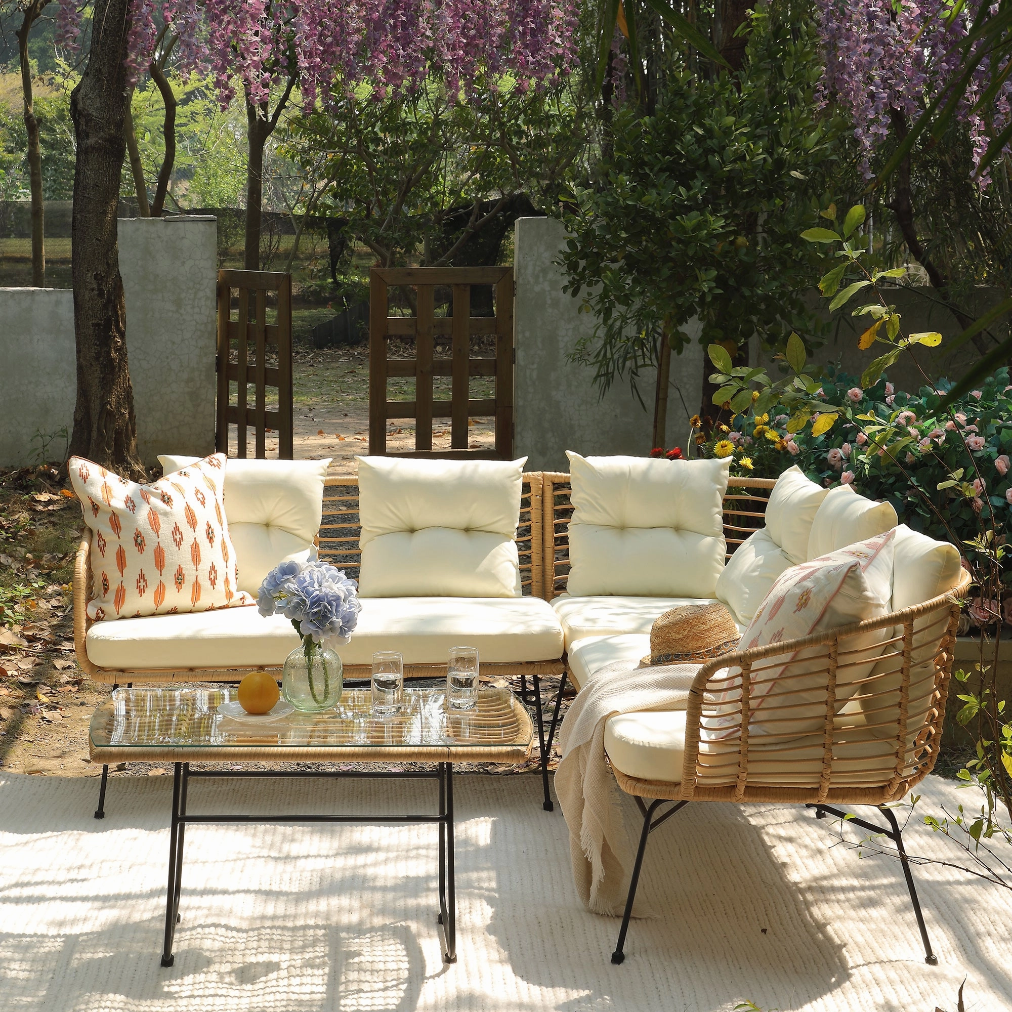 St Loy Natural Rattan Corner Sofa Set with Table