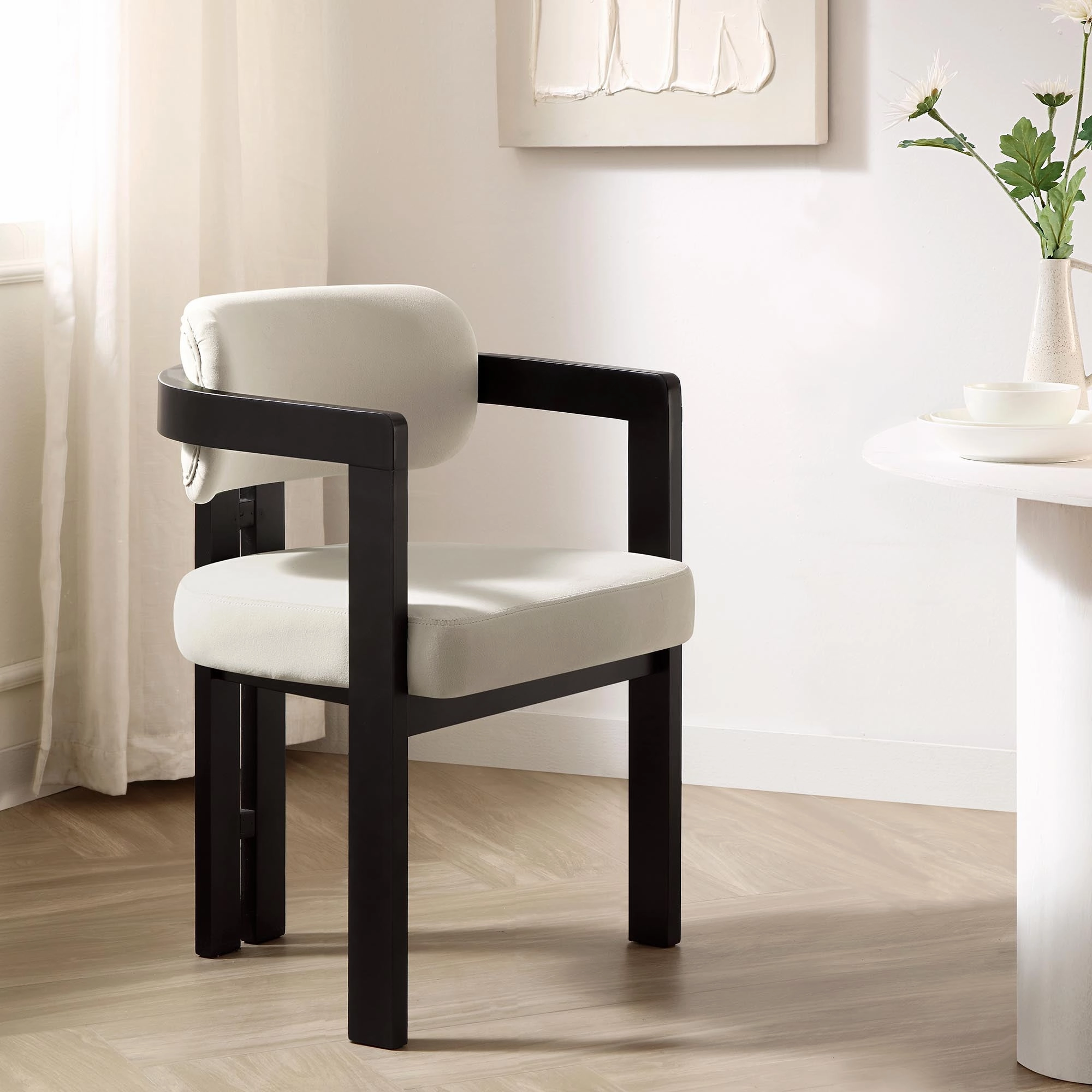 Stanford Curved Oak Frame Upholstered Chair, Champagne Velvet Black Frame