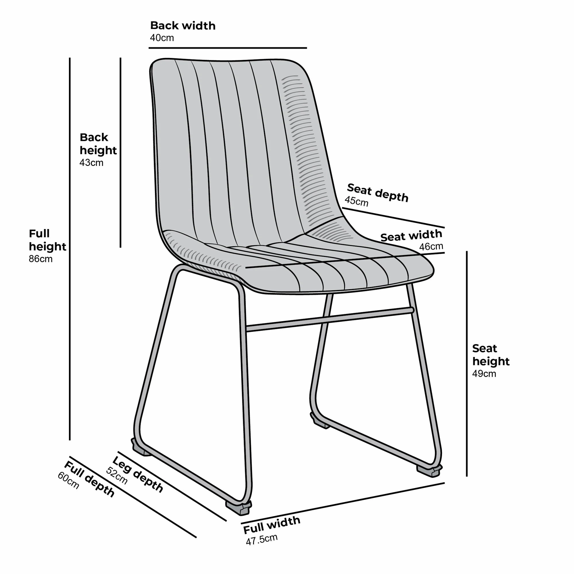 Sutton Set of 2 Vegan Leather Fluted Dining Chairs with Metal Frame (Steel Grey)