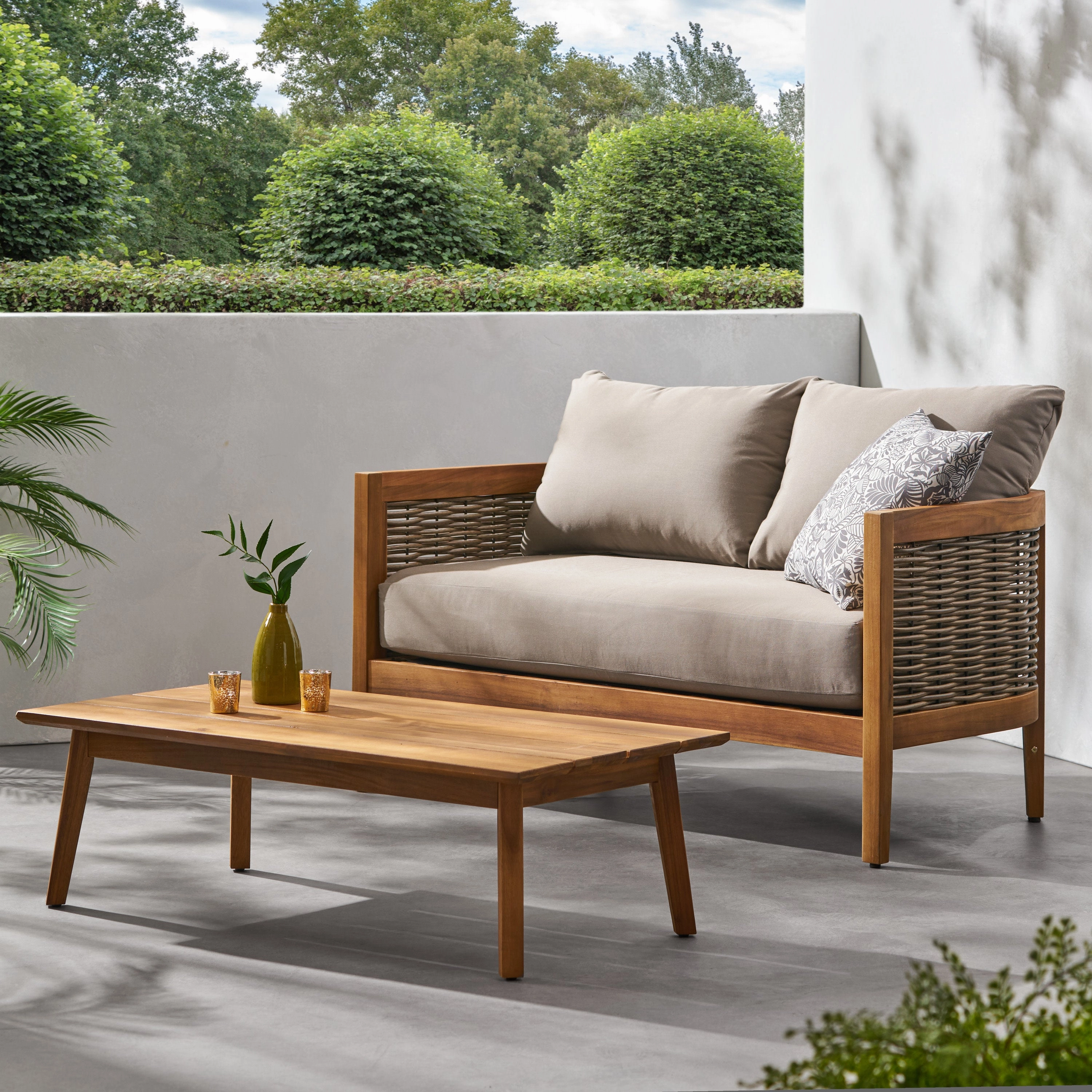 The Crowne Collection Outdoor Acacia Wood and Wicker Loveseat and Coffee Table Set with Sunbrella Cushions outdoor furniture, garden bench