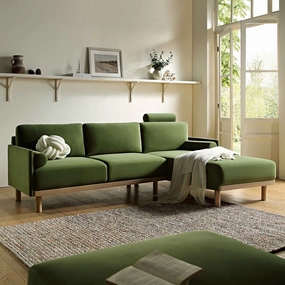 Timber Fern Green Velvet Sofa, Large 3-Seater Chaise Sofa Right Hand Facing